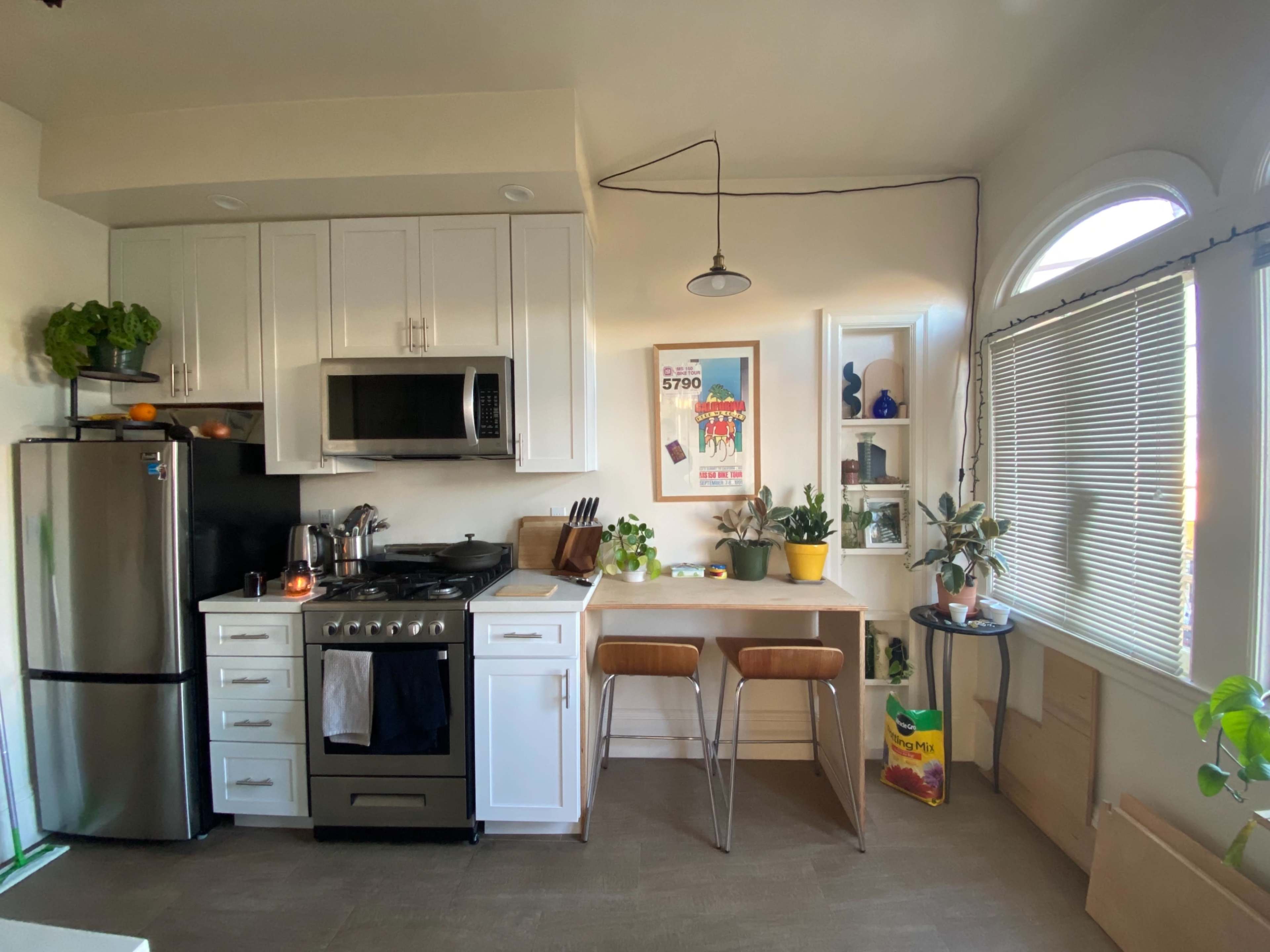 A modern kitchen with stainless steel appliances, a small dining area, and several potted plants near a window.