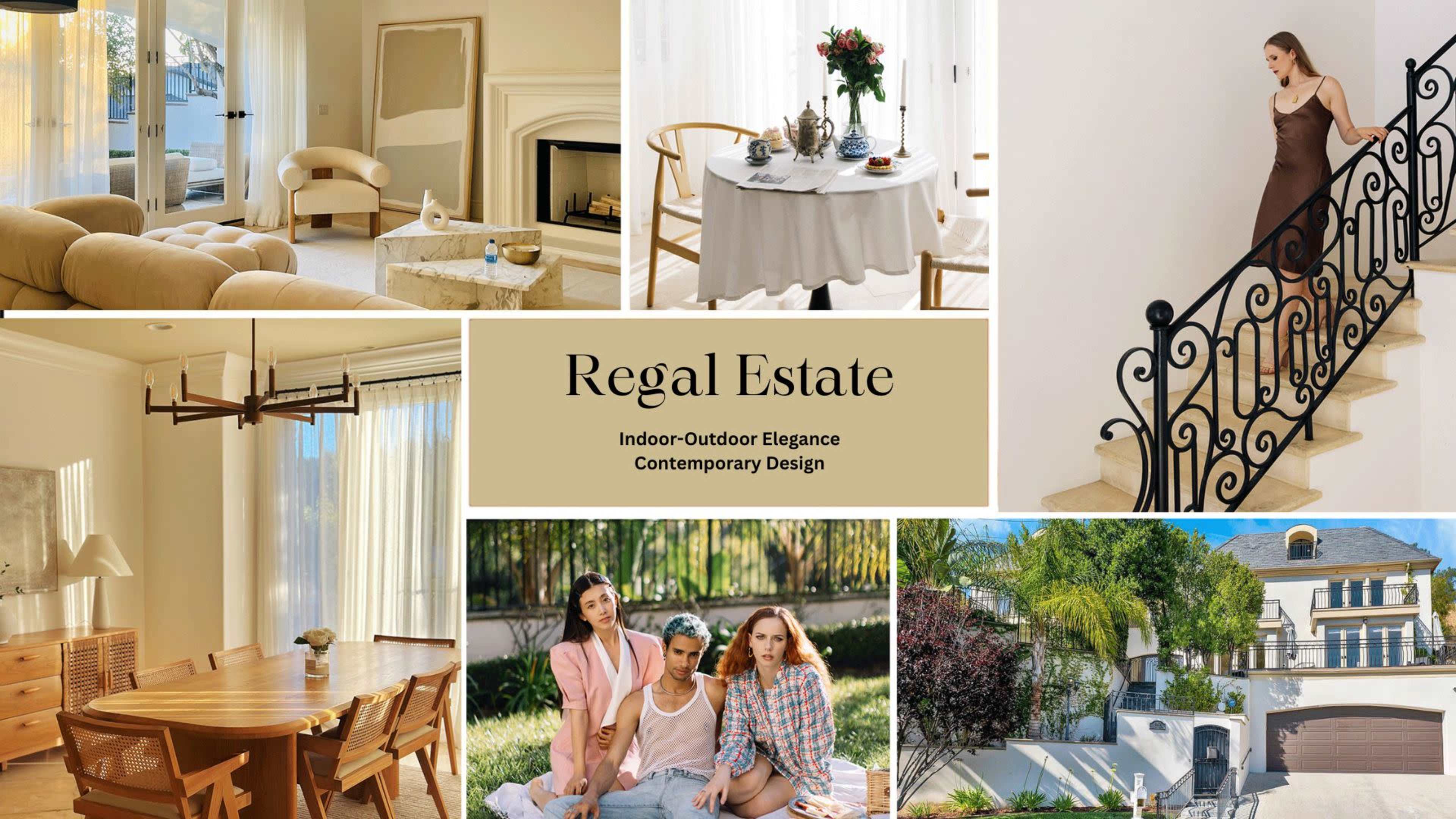A collage showcasing various interior and exterior areas of a stylish property, including a living room, dining area, staircase, and outdoor space.