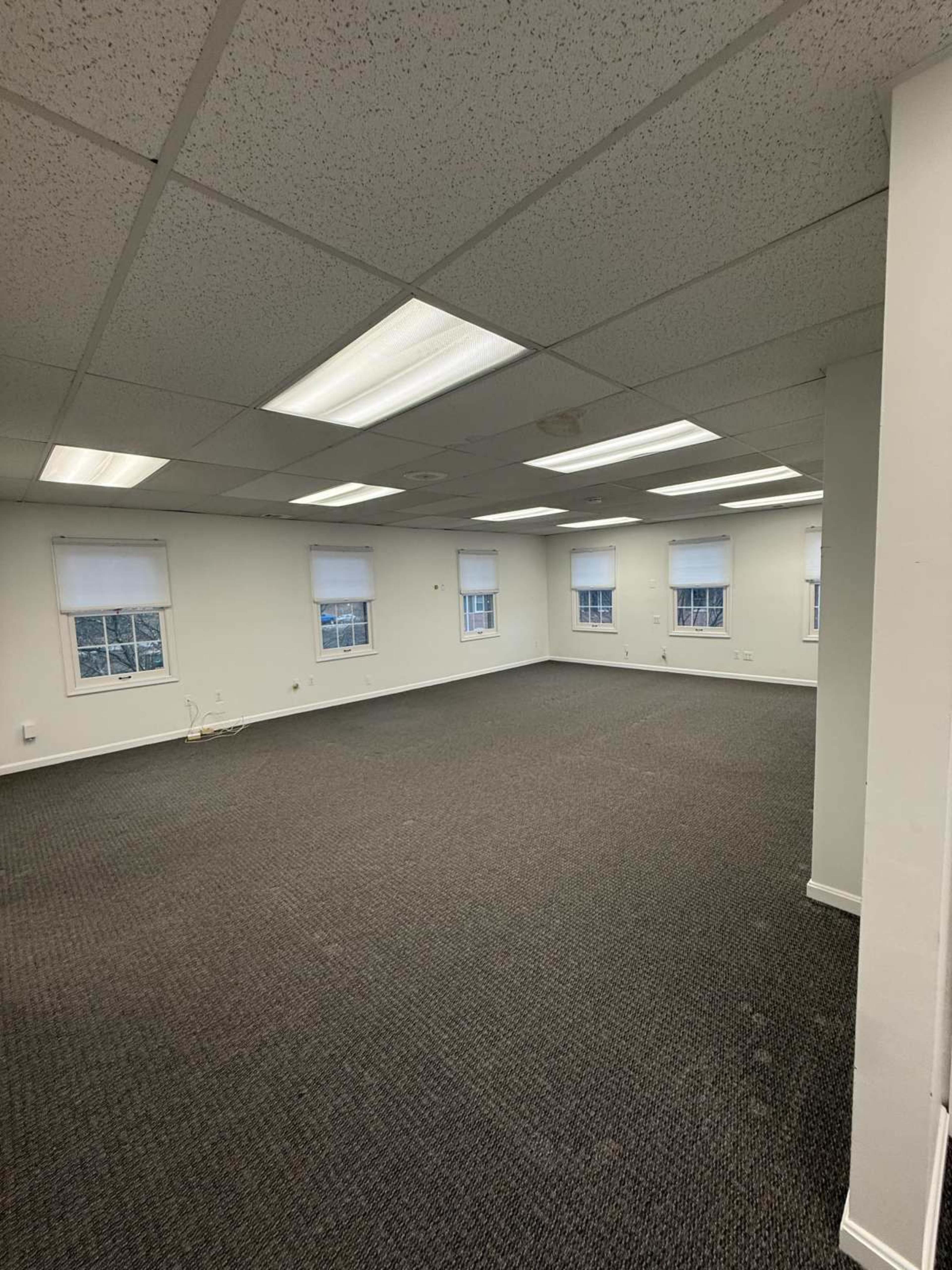 The image shows an empty room with gray carpeting, white walls, and multiple windows along the walls.