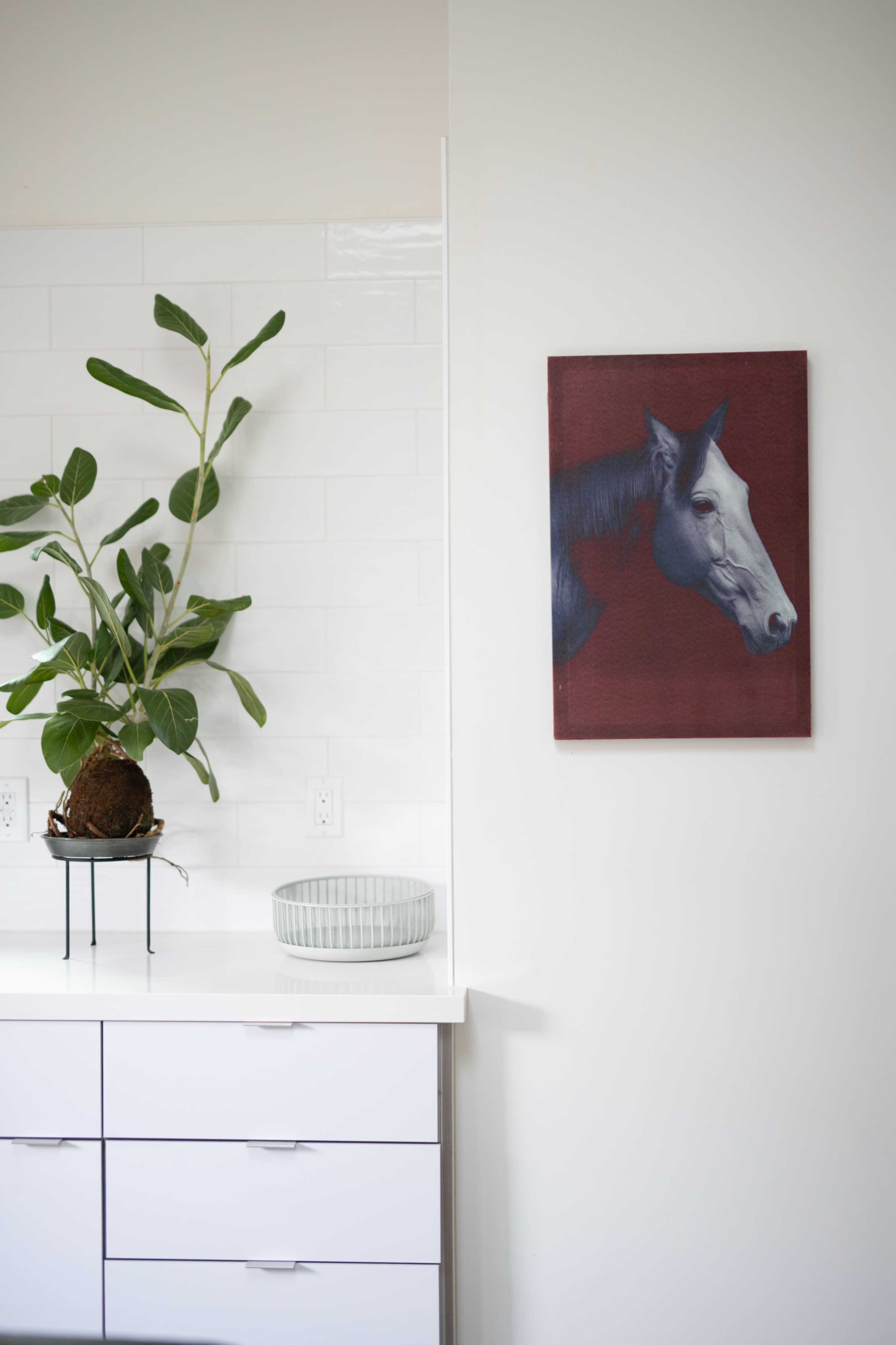 A potted plant sits on a metal stand next to a framed painting of a horse on a white wall.