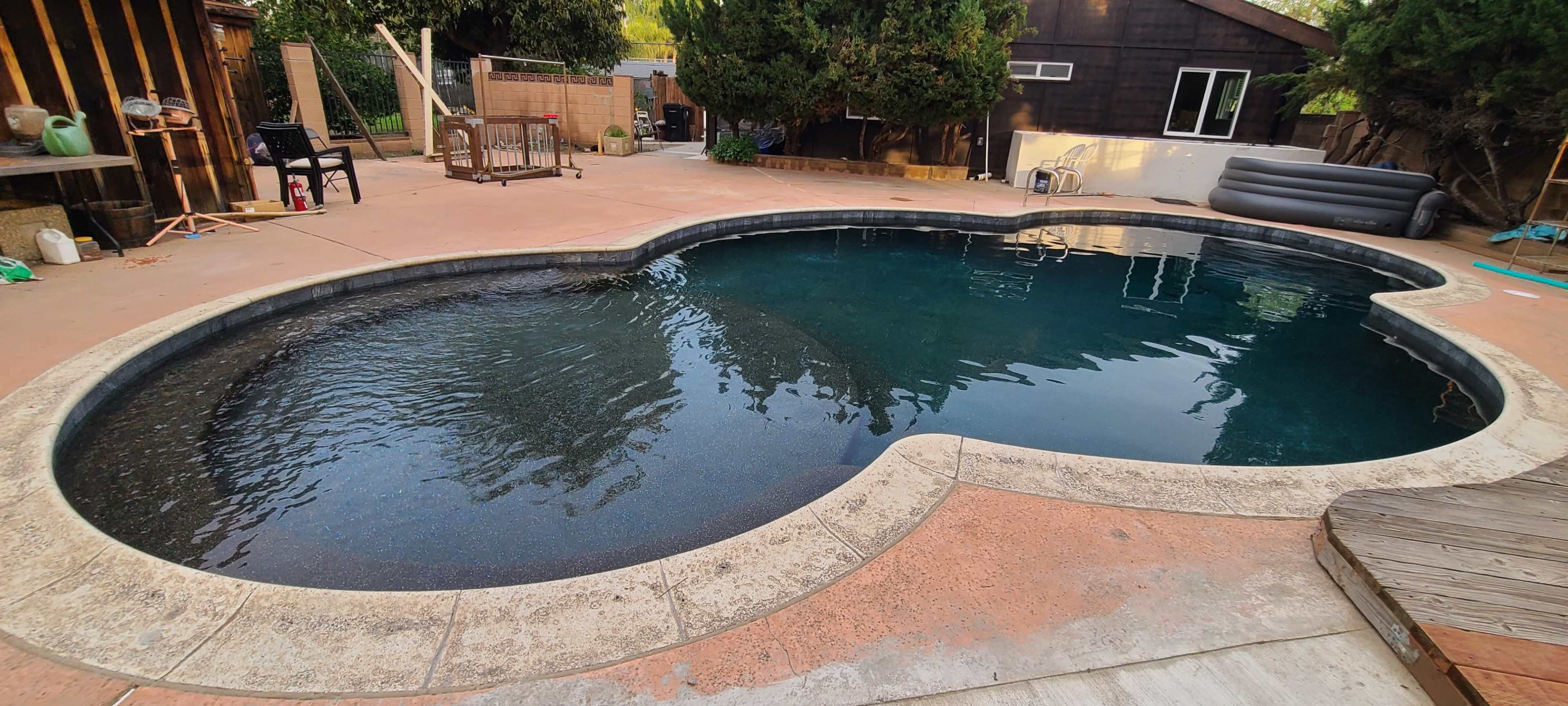 A kidney-shaped swimming pool surrounded by concrete, with trees and a house in the background.