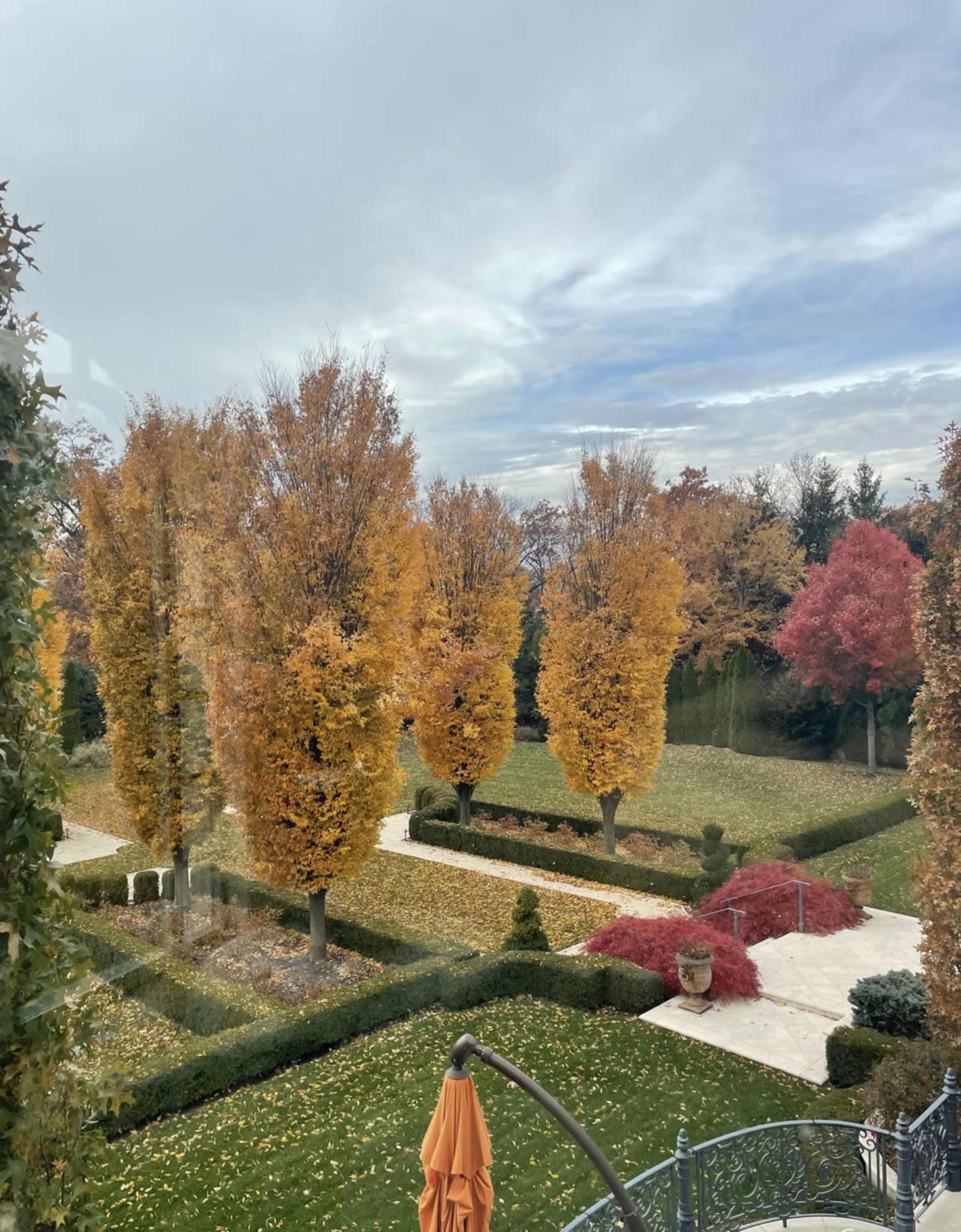 A landscaped garden with trees displaying autumn colors, including yellow and red, and a stone pathway surrounded by neatly trimmed hedges.