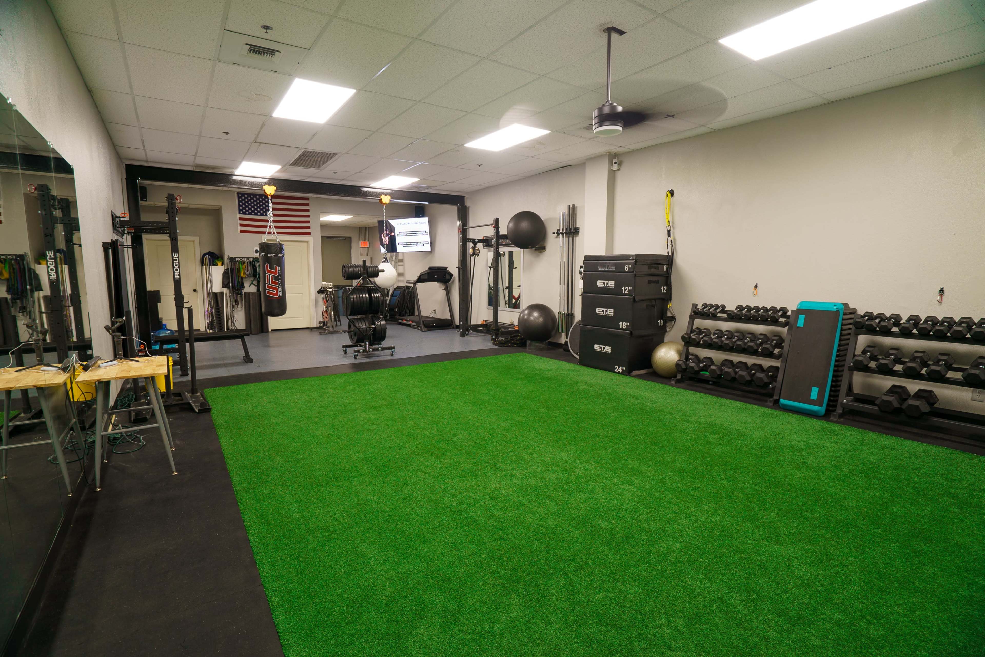 A spacious gym with artificial grass flooring, various exercise equipment, and a workout area separated by mirrors.