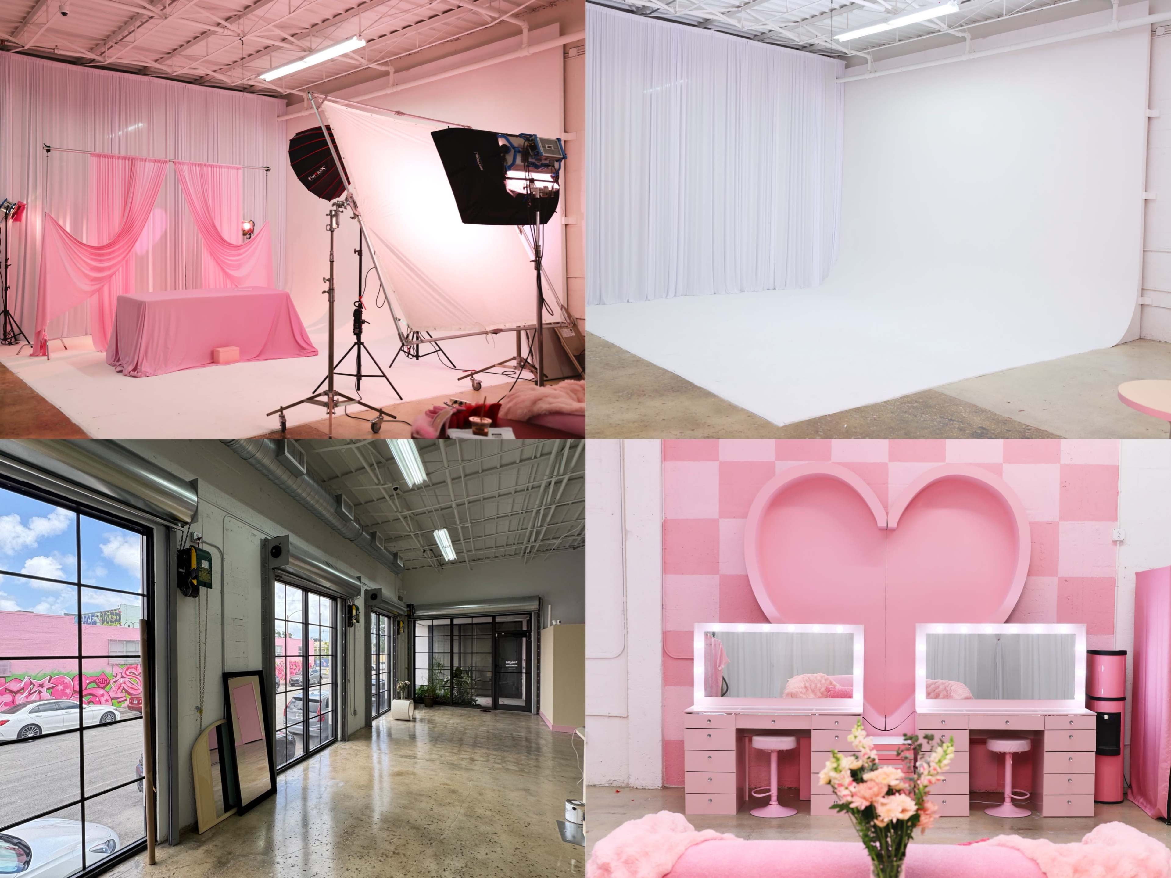 The image shows four different studio spaces, featuring various shades of pink, with setups for photography and makeup featuring backdrop curtains, lighting equipment, and vanity stations.