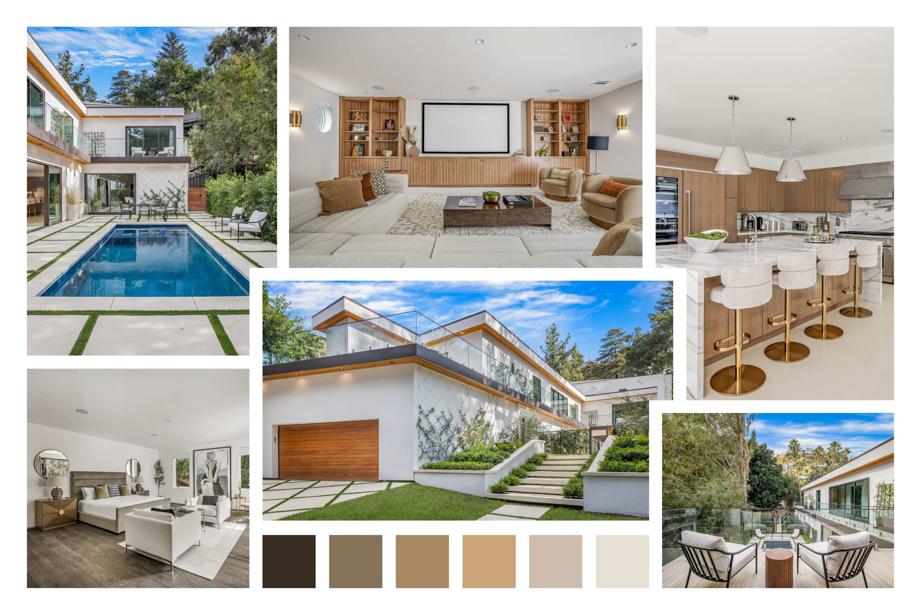 The image features a modern home with a pool, landscaped gardens, and various indoor and outdoor living spaces, highlighting a contemporary architectural design.