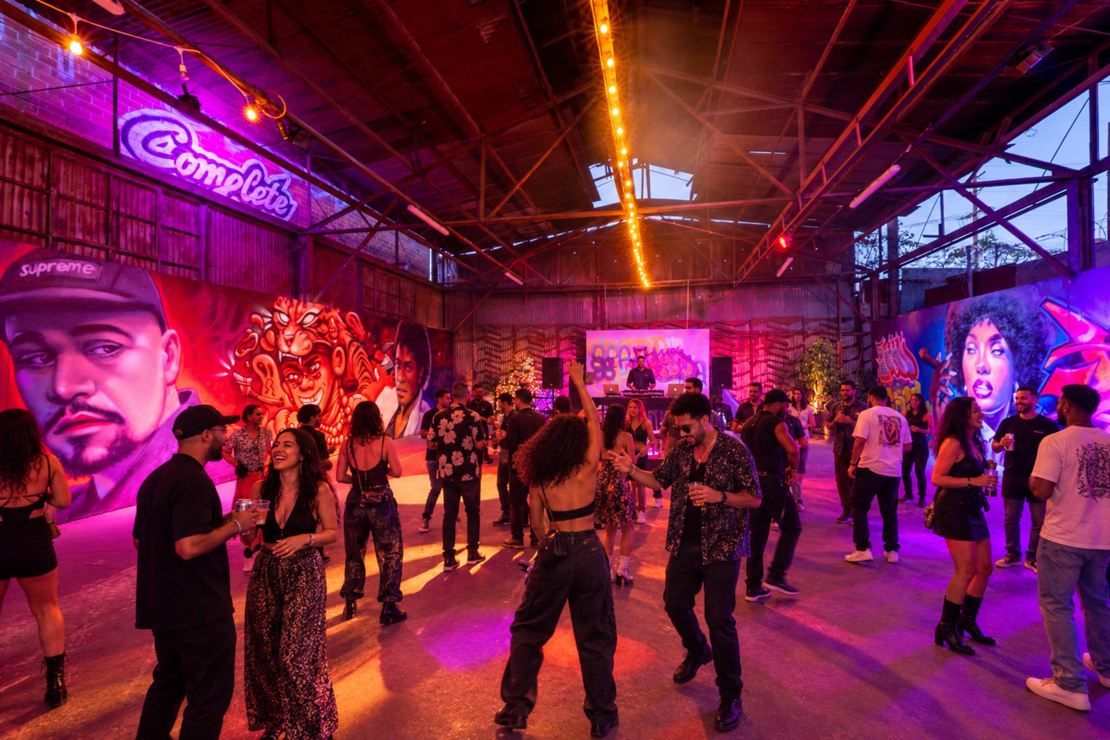 A lively indoor event is taking place in a warehouse, featuring various art murals on the walls, with attendees dancing and socializing under colorful lights.