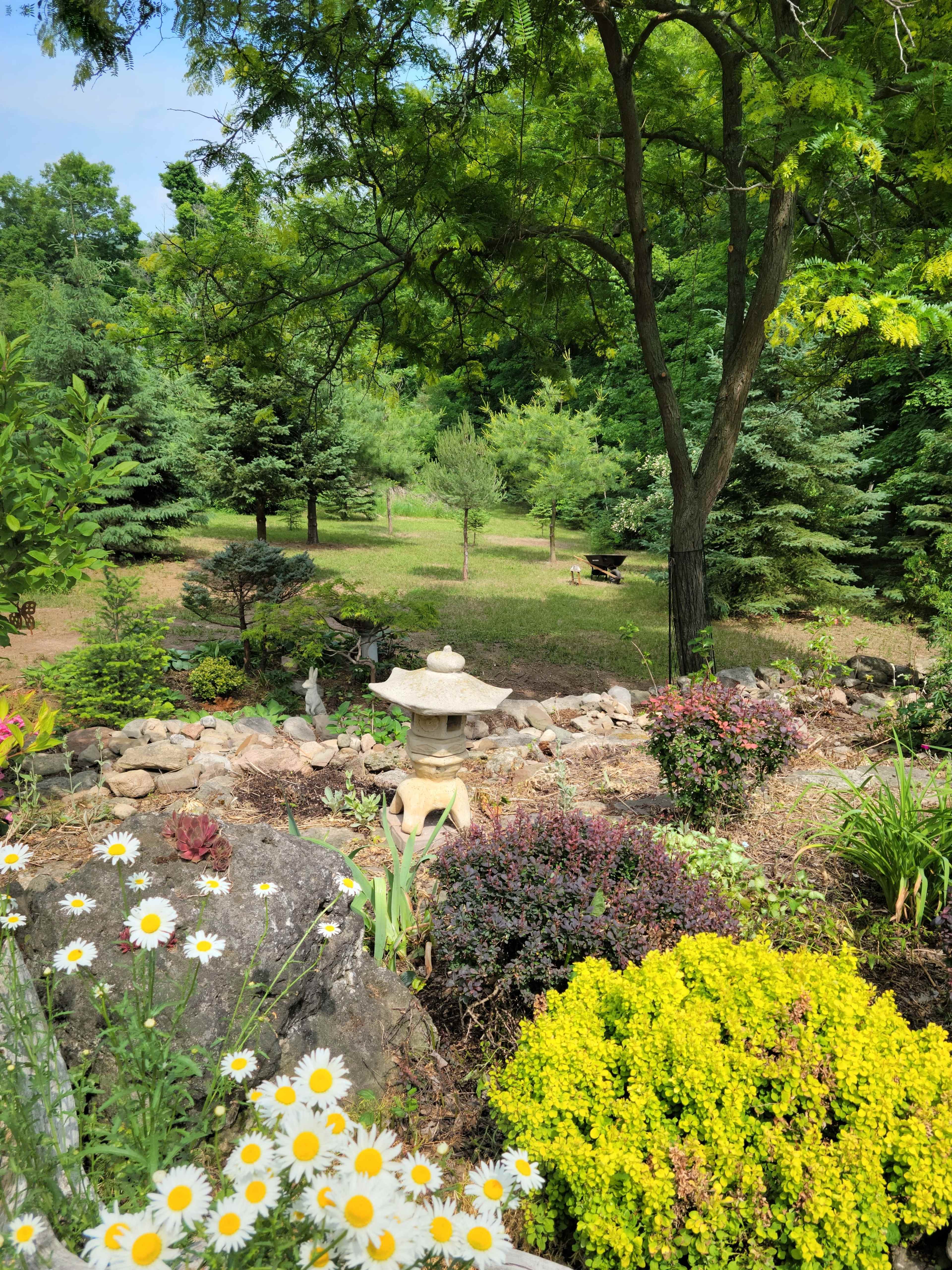 A stone lantern is surrounded by colorful flowers and shrubs in a landscaped garden featuring various trees and a grassy area in the background.