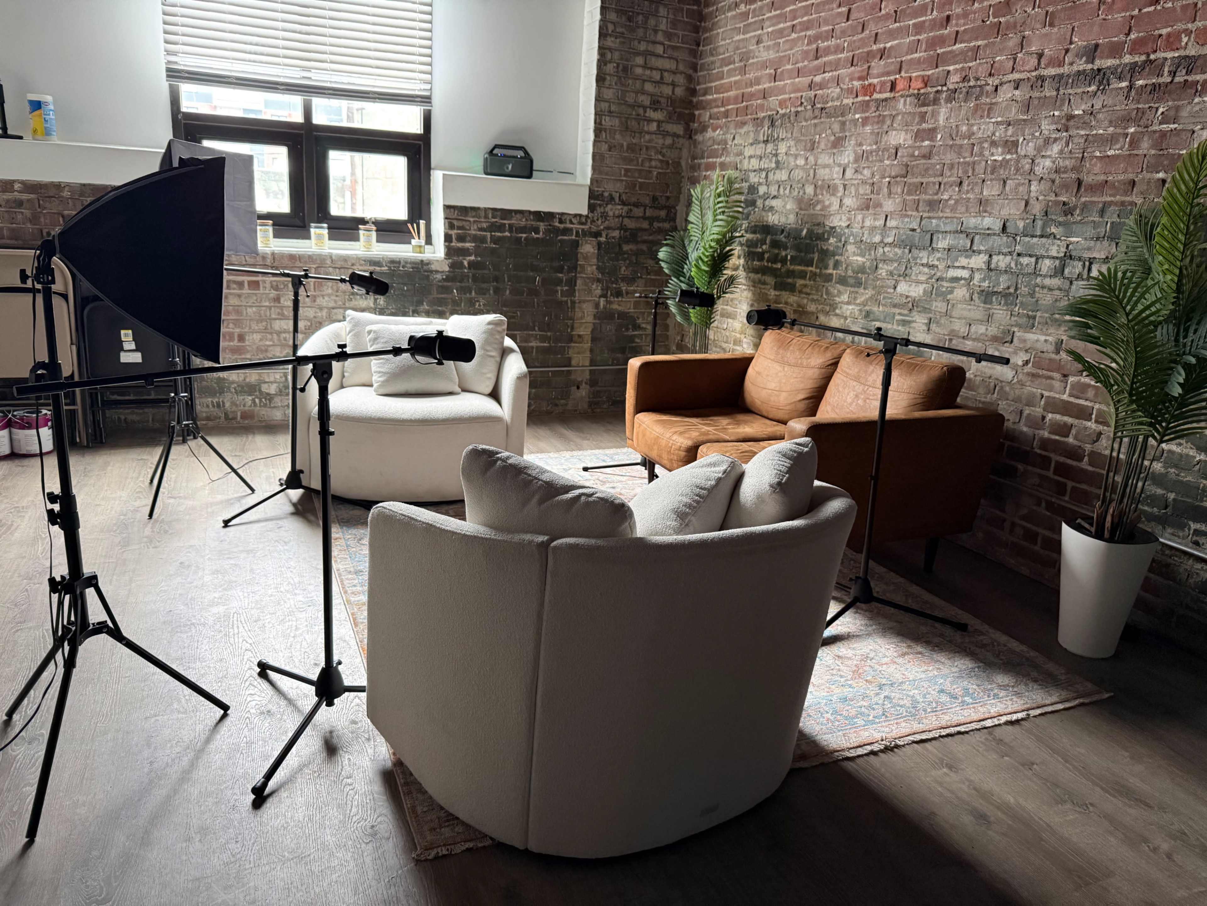 The image shows a cozy room with two round chairs and a brown sofa, surrounded by microphones on stands and green plants, against a backdrop of exposed brick walls.