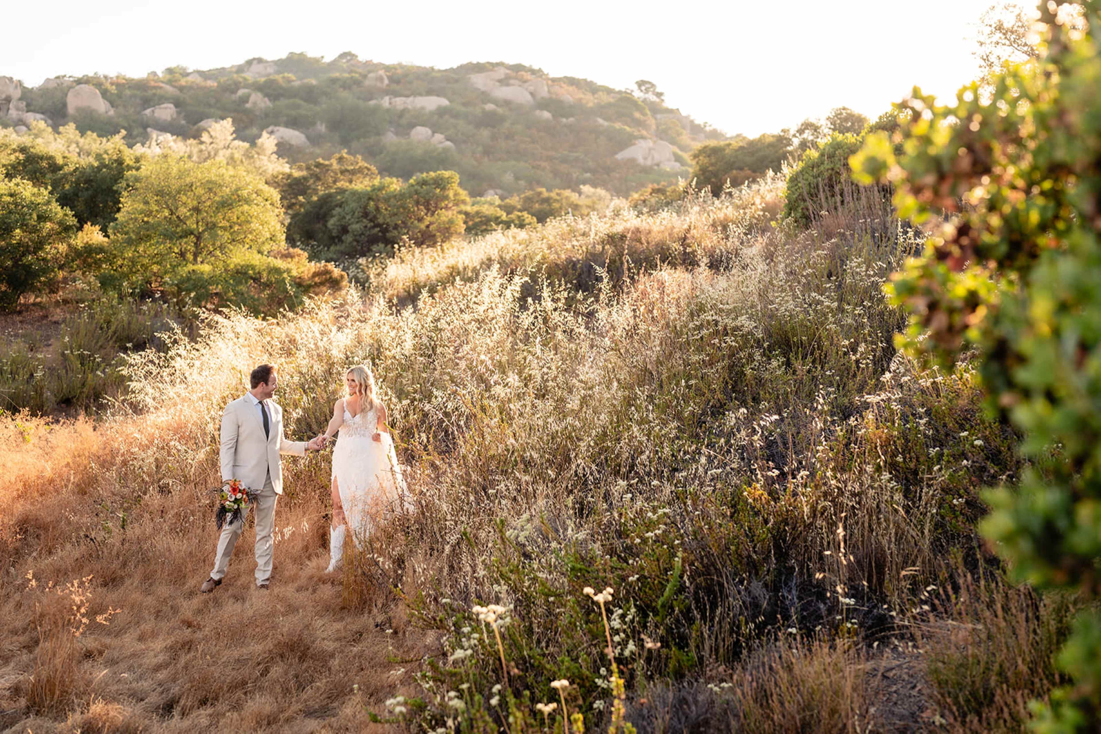 A couple dressed in wedding attire walks hand-in-hand through a sunlit, grassy landscape with scattered shrubs and trees.