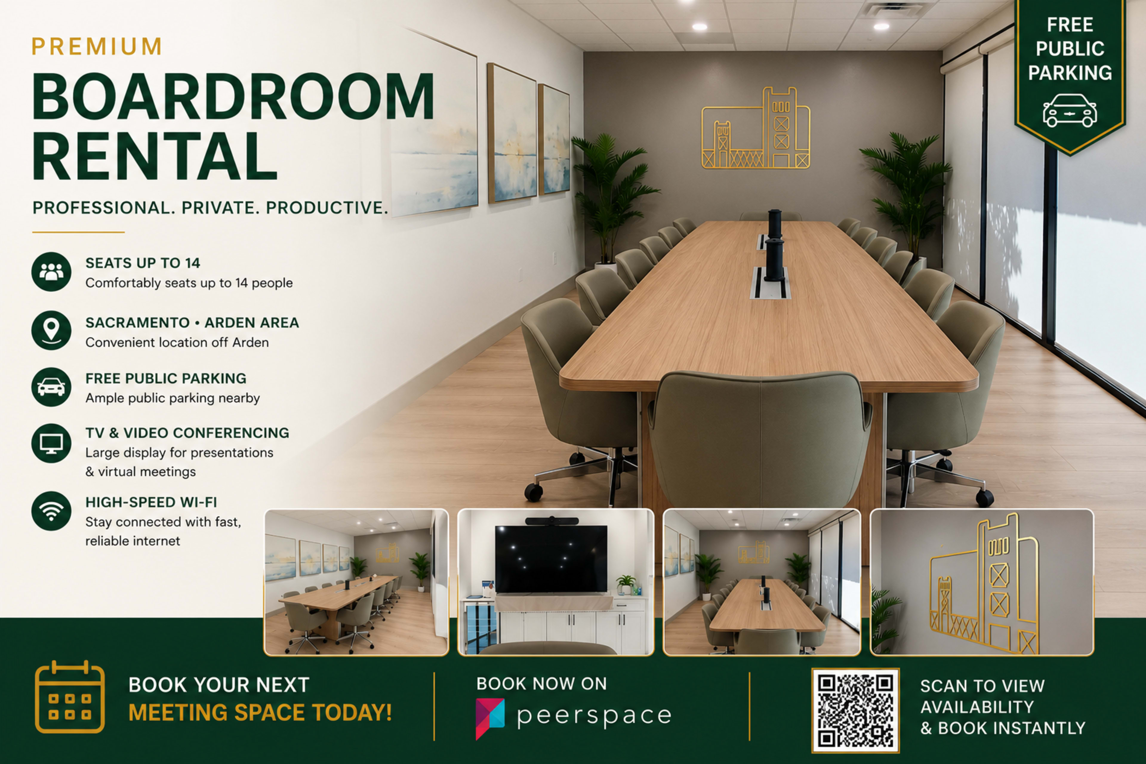 The image shows a modern boardroom with a long wooden table surrounded by chairs, featuring a large screen and a minimalistic design.