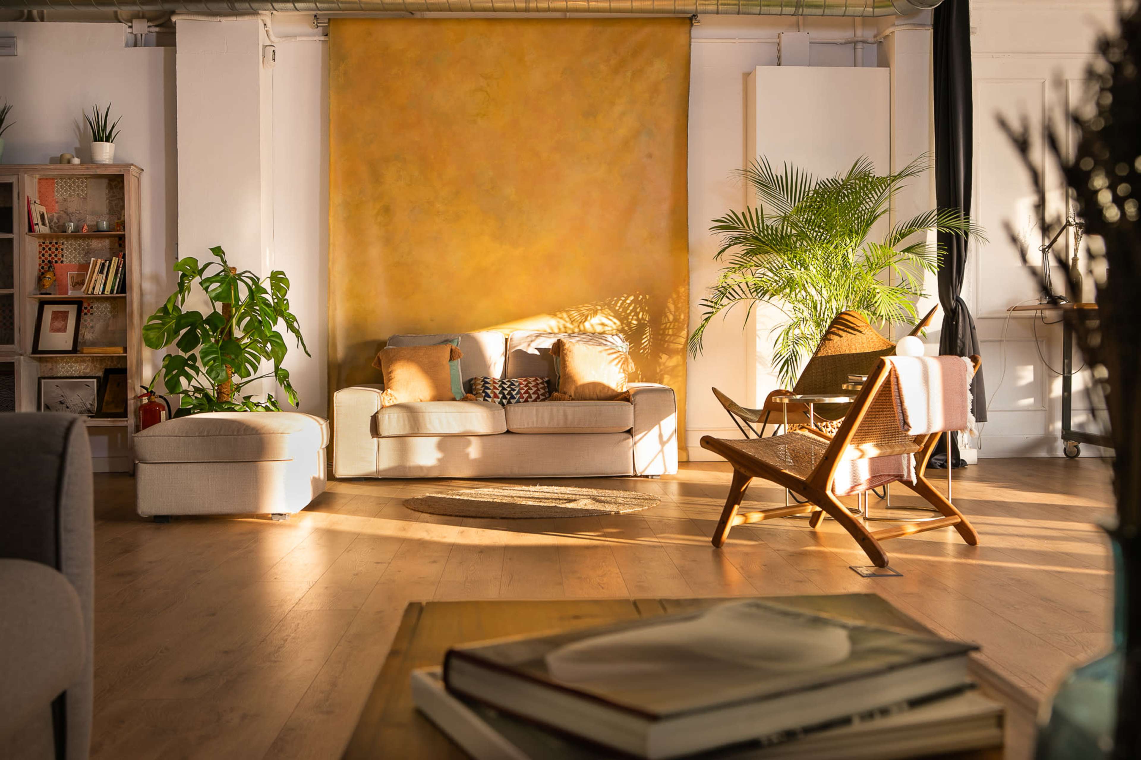 A cozy living room with a yellow backdrop, a white sofa adorned with cushions, a wooden chair, and potted plants, illuminated by natural light.