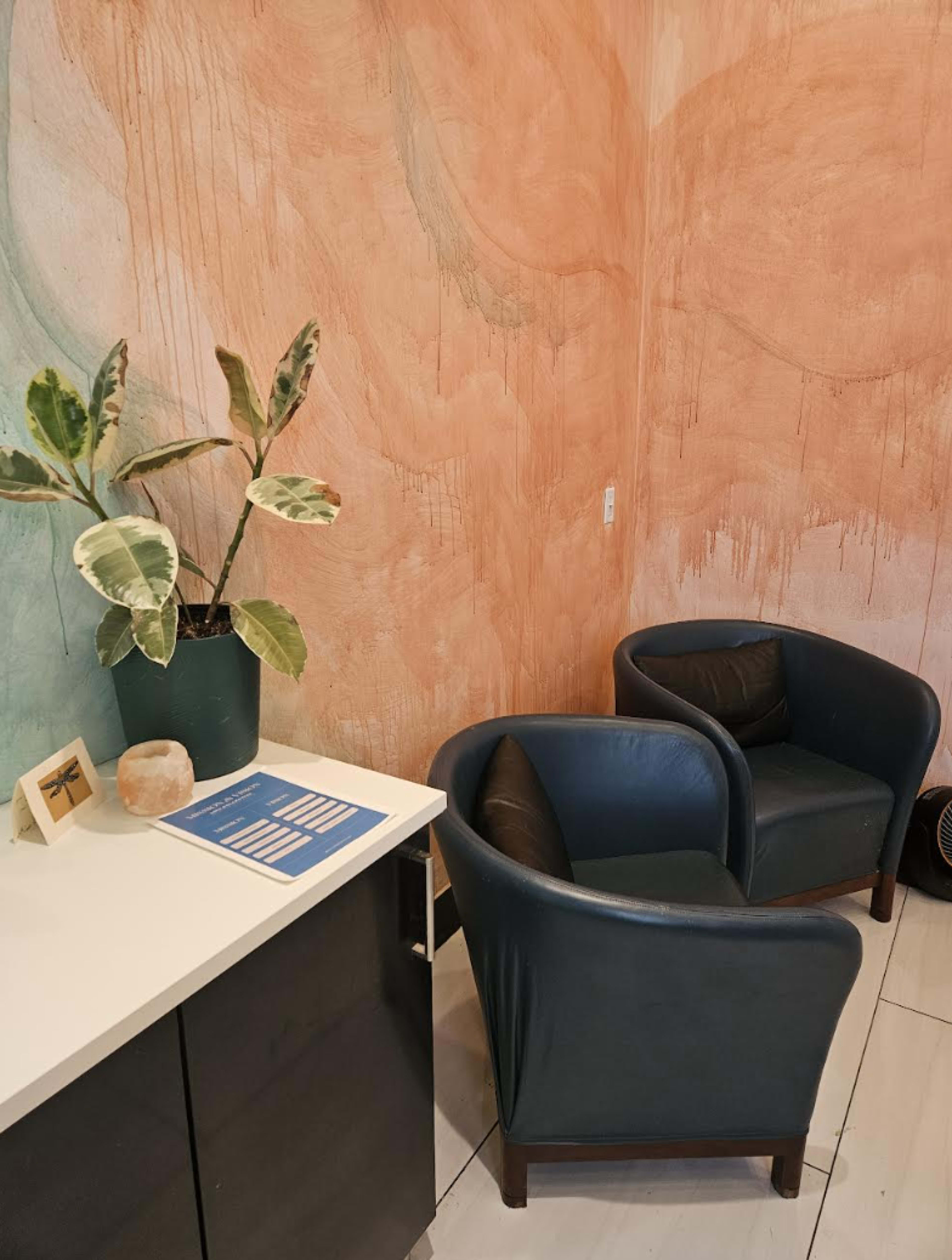 The image shows a small seating area with two blue armchairs beside a white cabinet and a plant in a pot against a textured orange wall.