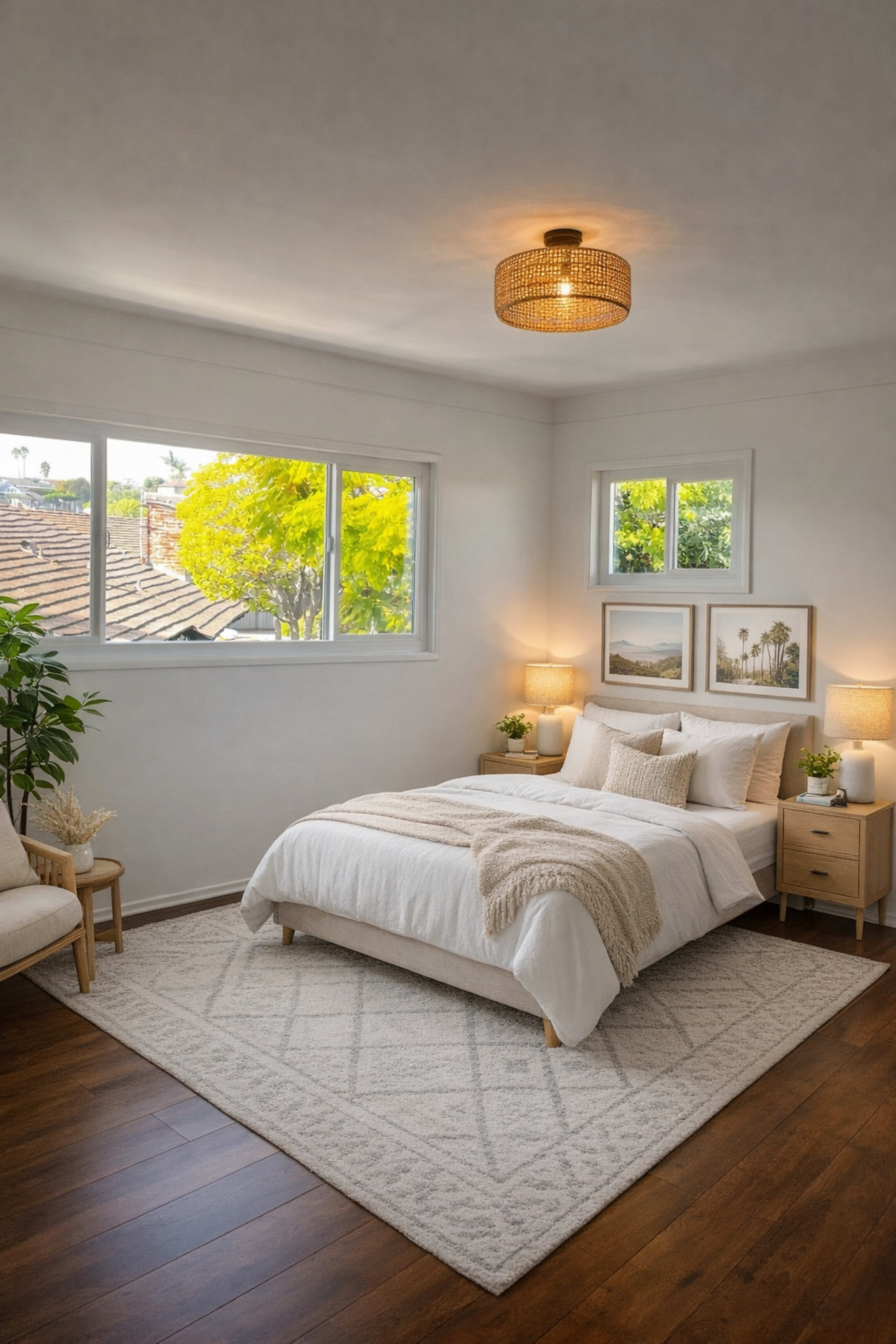 The image shows a neatly arranged bedroom featuring a large bed with white bedding, two bedside tables with lamps, and large windows letting in natural light, complemented by a soft area rug and plants.