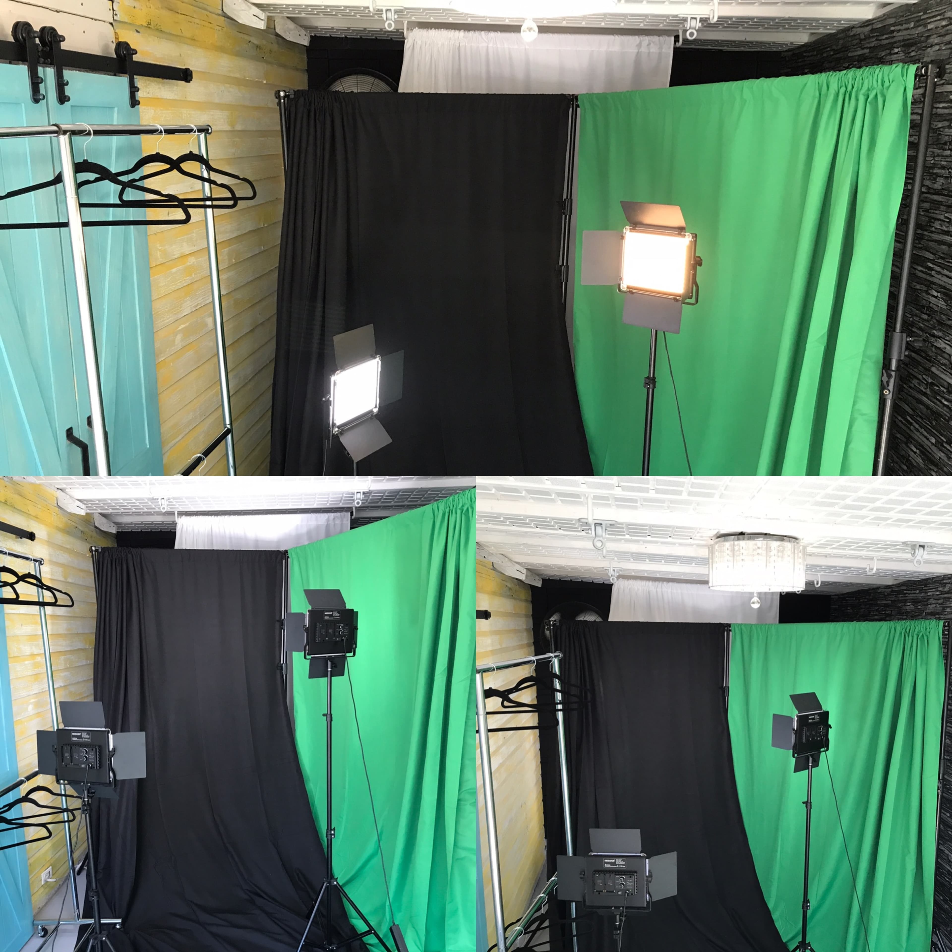 A multi-angle view of a photo studio setup featuring various colored backdrops, lighting equipment, and clothing racks.