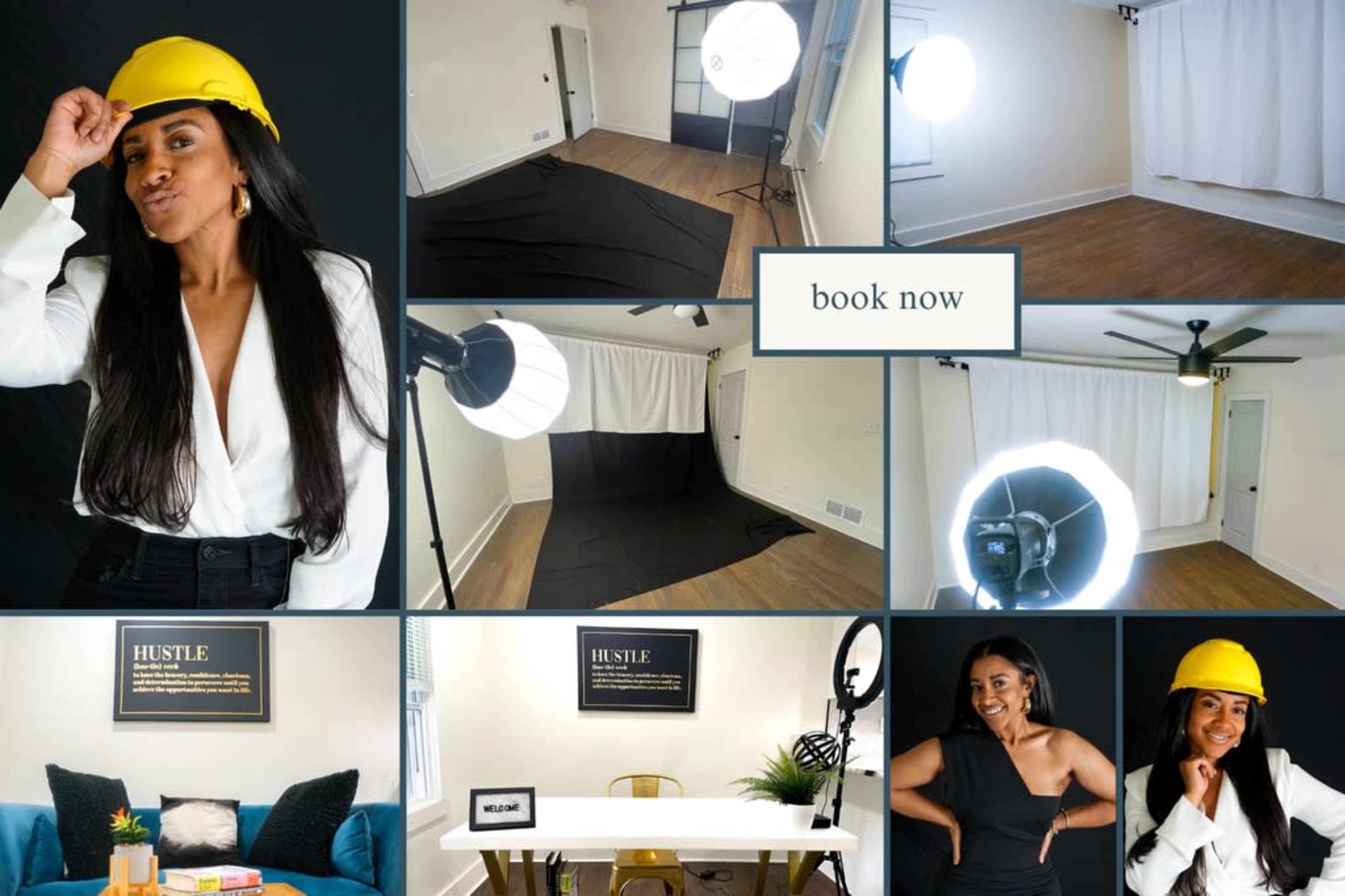 The image showcases a woman in a yellow hard hat posing in a studio space, featuring various setup areas with backdrops, lighting equipment, and decor, alongside a "book now" graphic.
