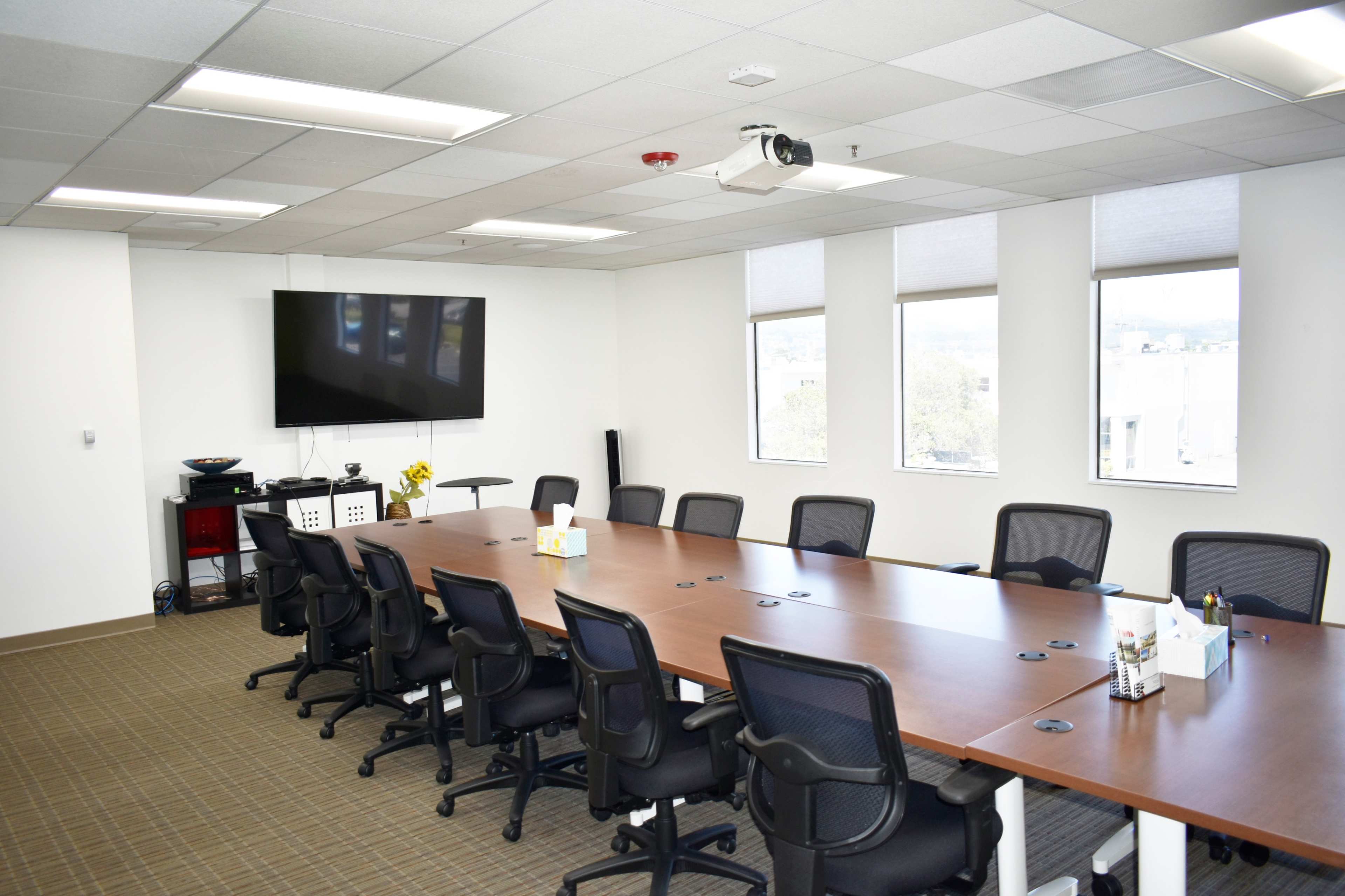 A modern conference room featuring a long wooden table surrounded by black chairs, a large TV screen on the wall, and windows letting in natural light.