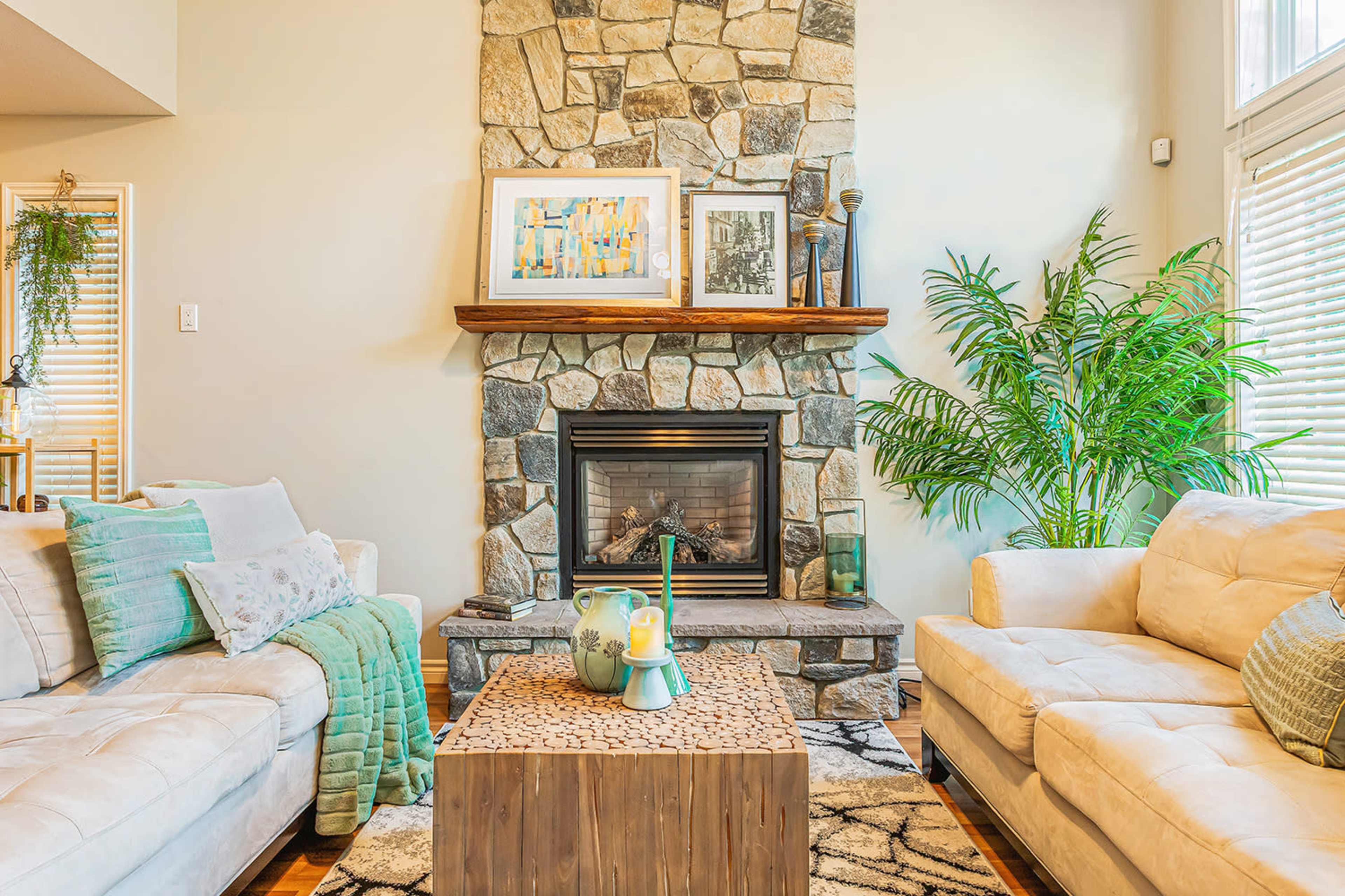 The image shows a cozy living room featuring a stone fireplace, two light-colored sofas, a wooden coffee table, and a large green plant.
