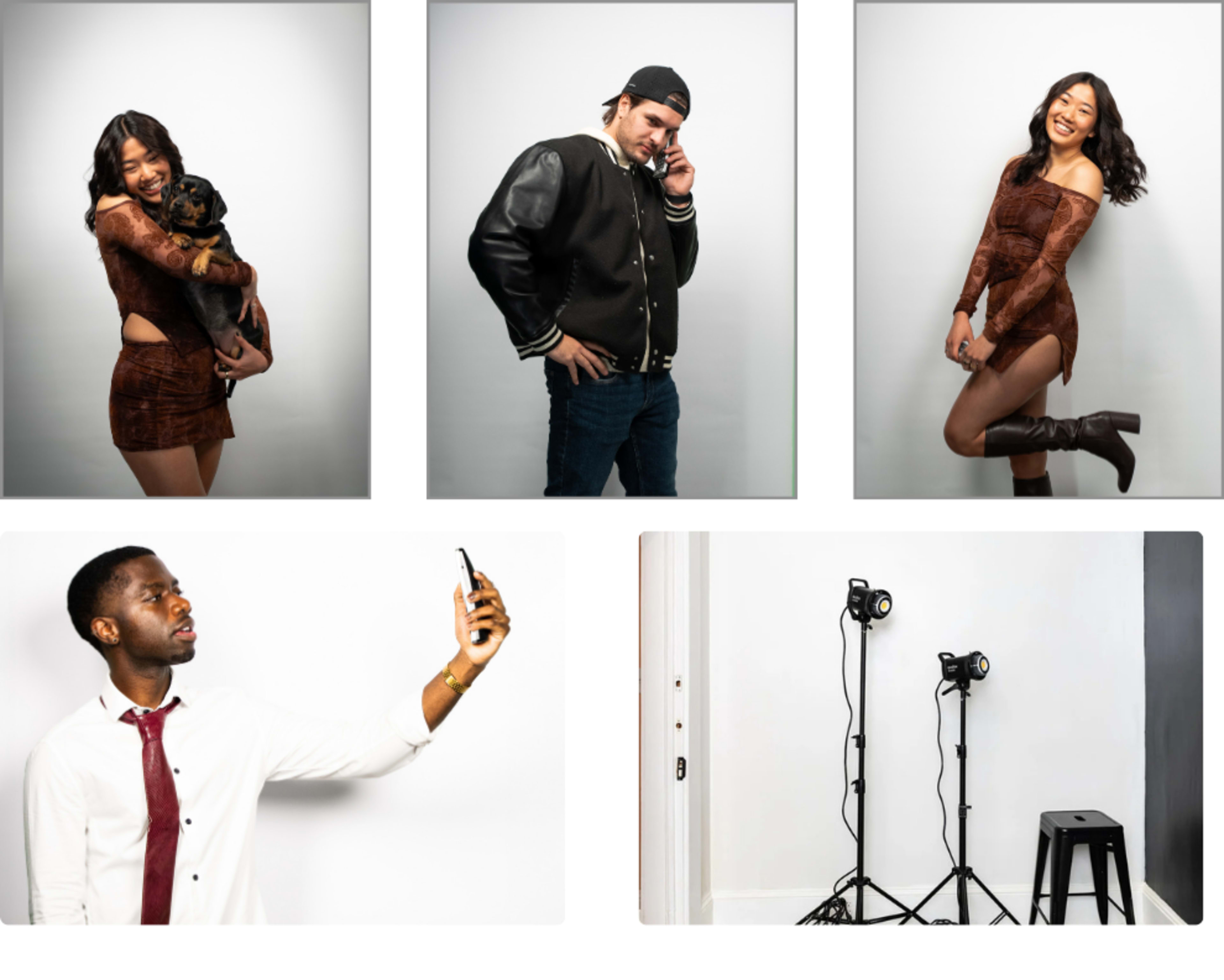 The image features four different portraits: a woman holding a dog, a man posing casually, a woman in a stylish outfit, and a man taking a selfie, alongside a setup with studio lights and a stool.