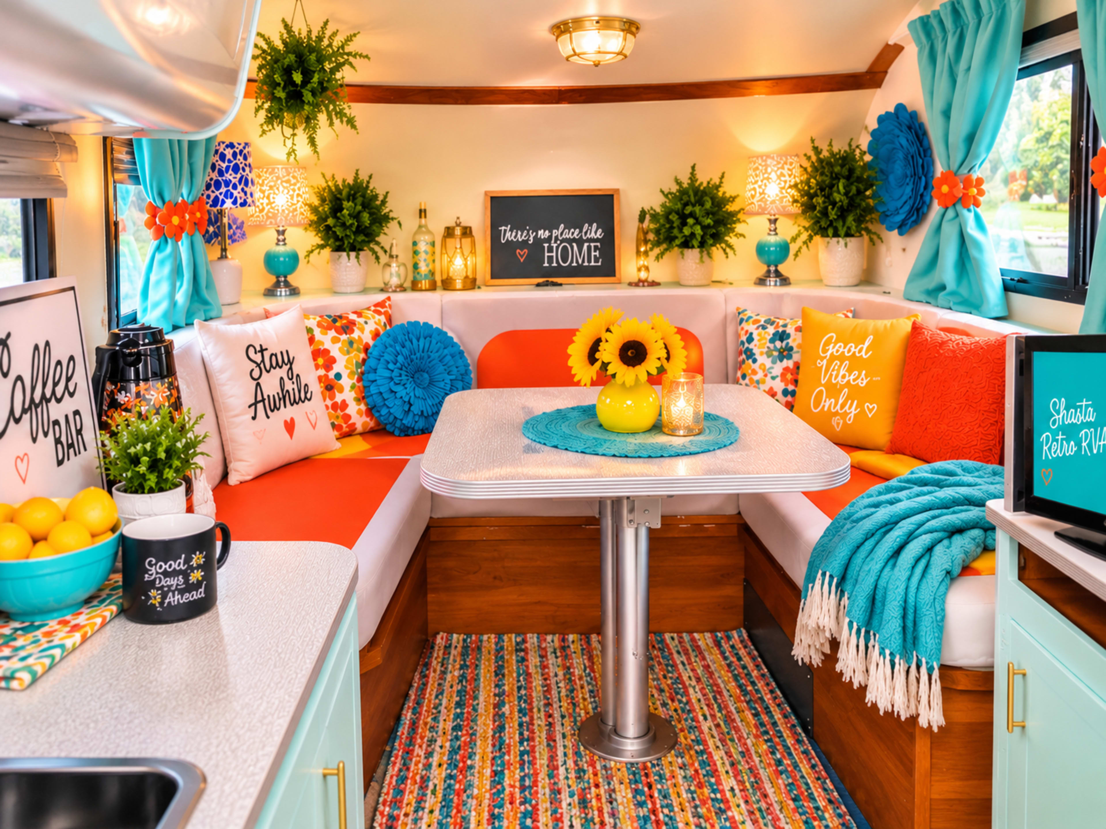 The image depicts a cozy, colorful interior of a camper, featuring a dining area with orange and teal accents, decorative pillows, a coffee bar, and plants.