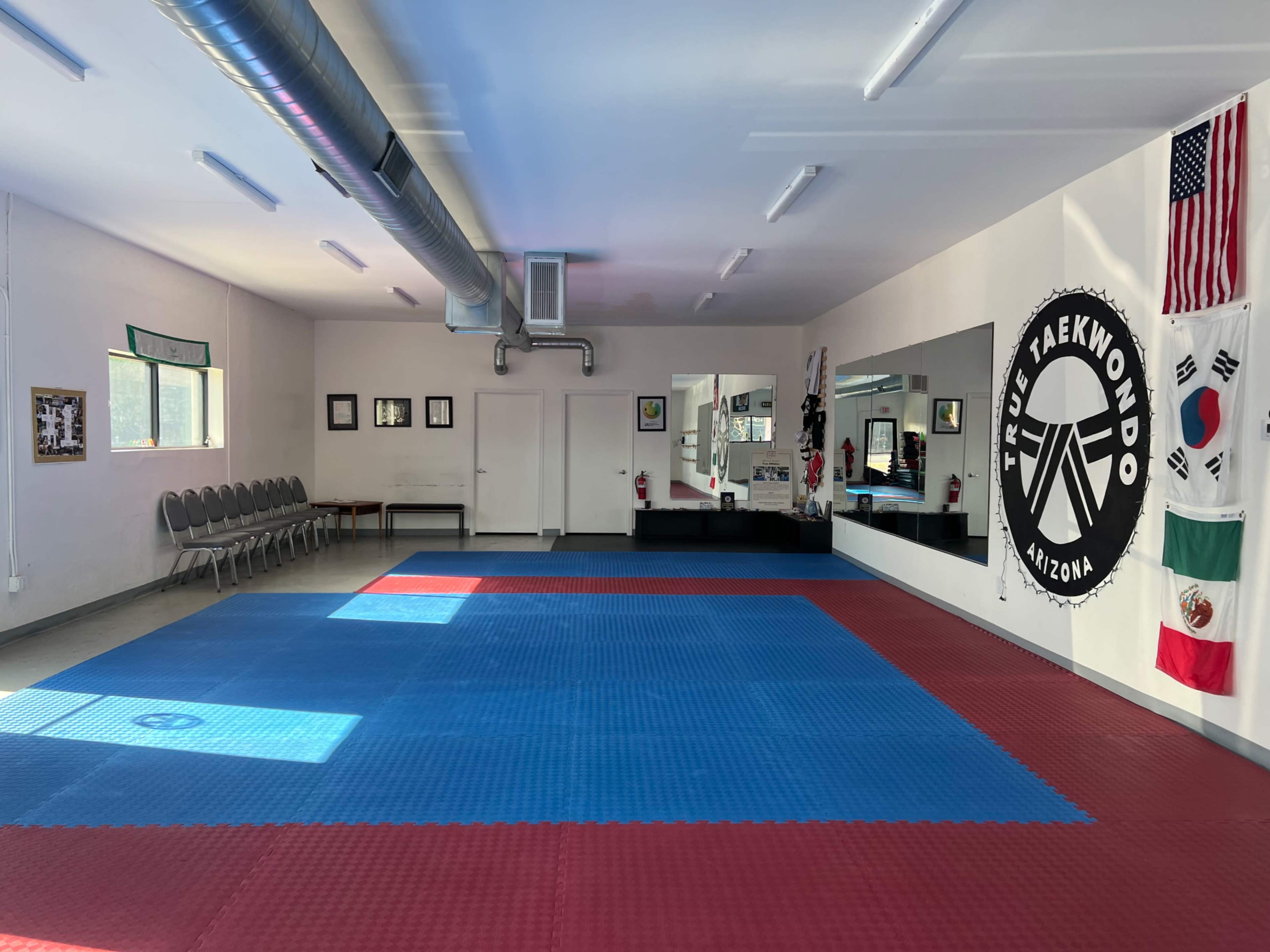 The image shows a taekwondo studio featuring blue and red mats, mirrors on one wall, and various framed certificates and flags displayed.
