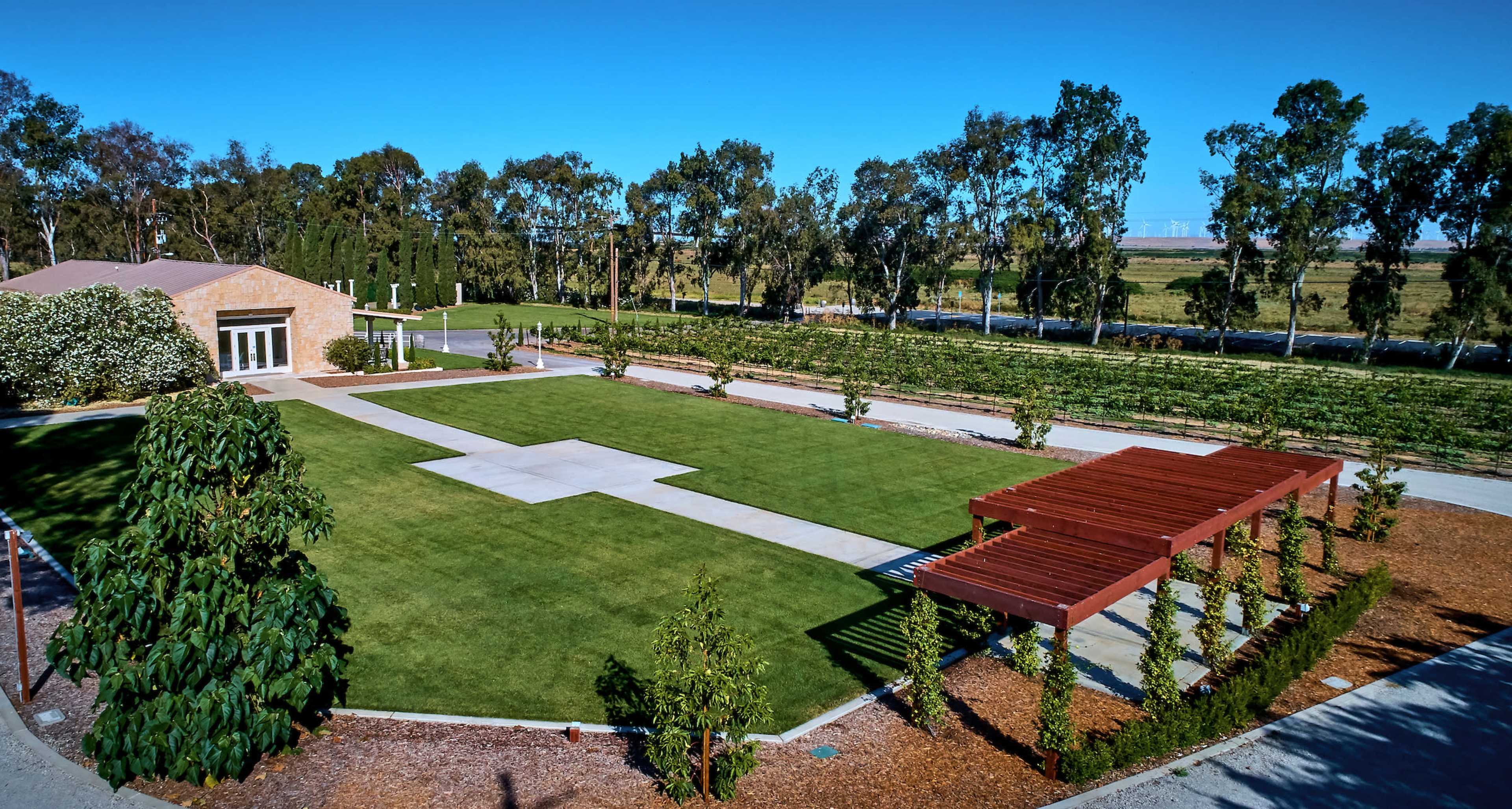 A landscaped outdoor area featuring a grassy lawn, a pathway, and a pergola near a cluster of trees and a building in the background.