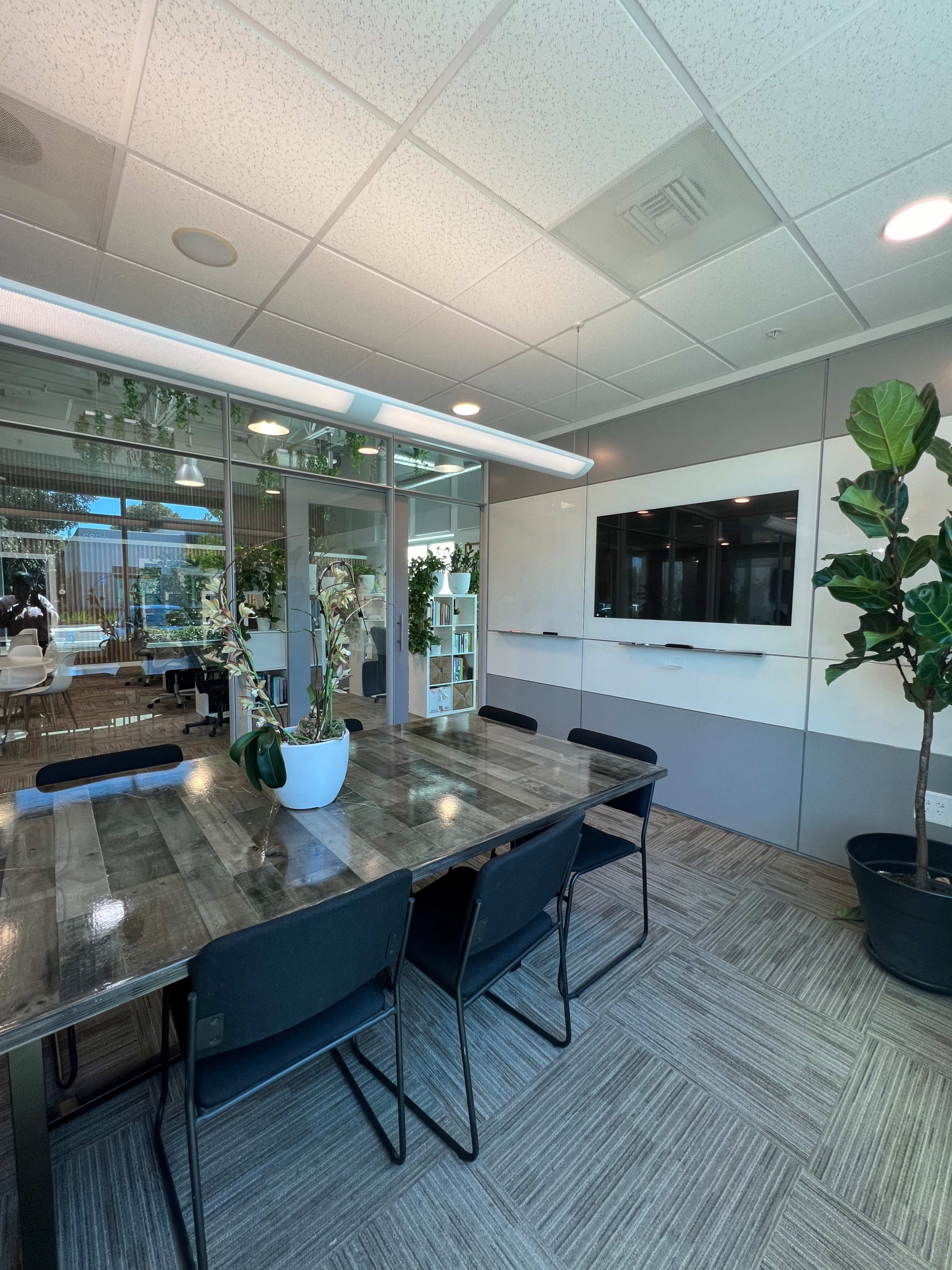 A modern conference room features a large wooden table surrounded by black chairs, with plants and a wall-mounted screen in the background.