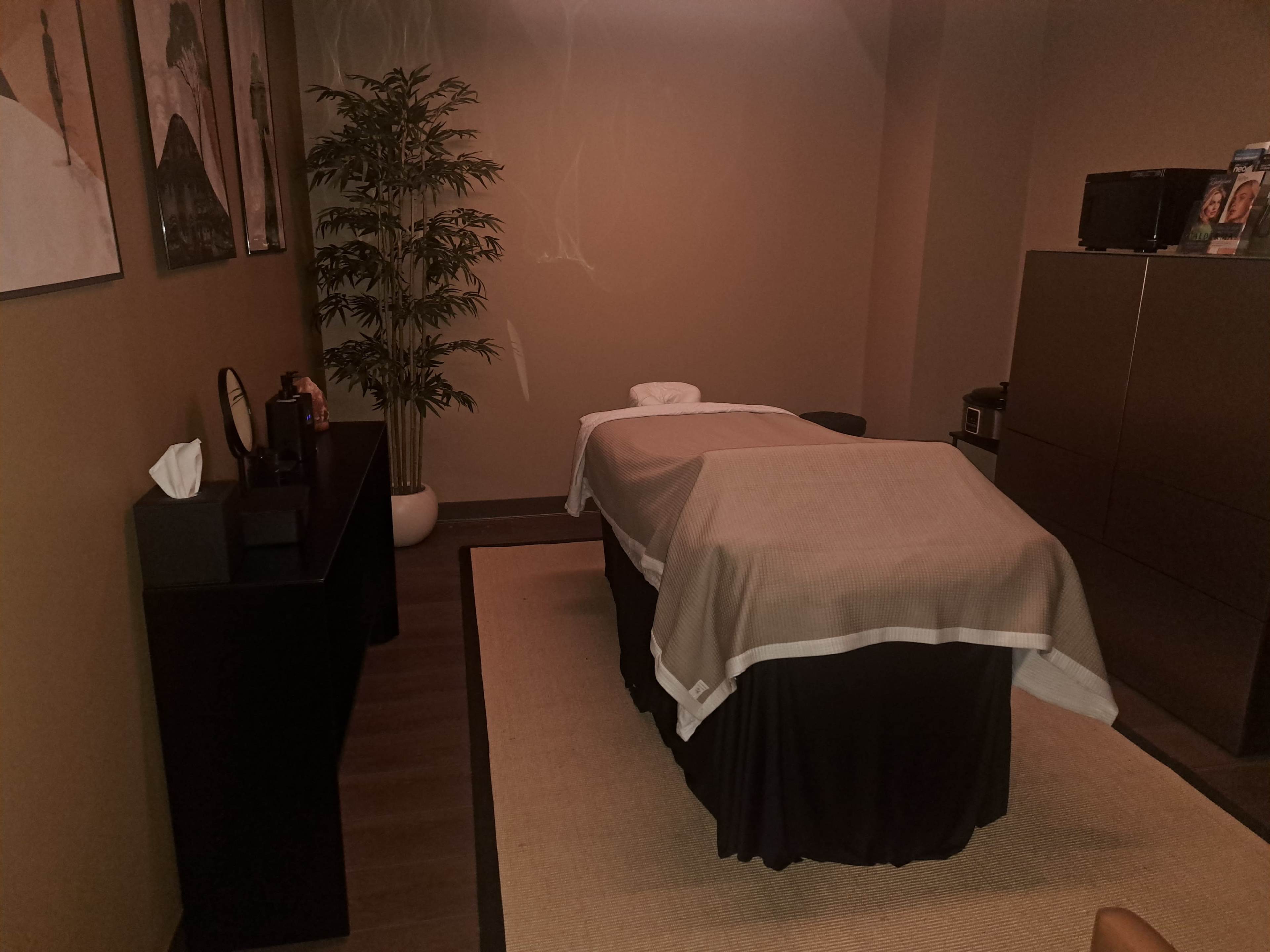 The image shows a massage room with a treatment table covered by a blanket, a tissue box, and a potted plant in the corner.