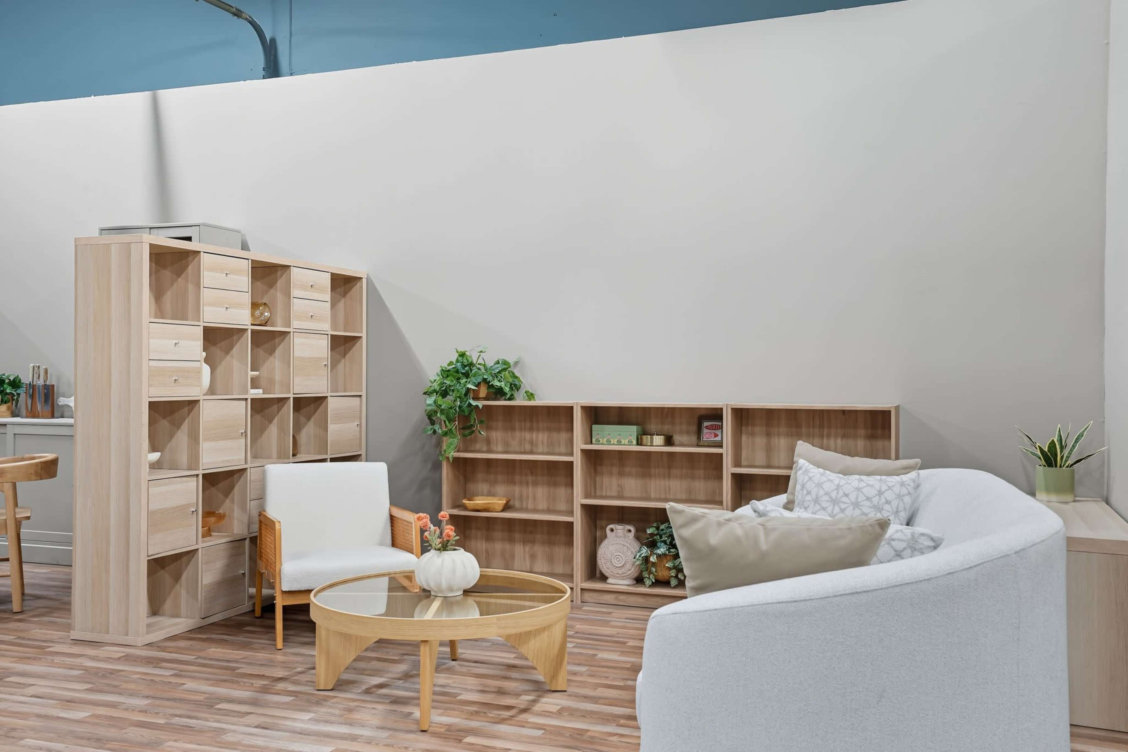 The image shows a modern interior space with a light-colored sofa and a round coffee table, surrounded by wooden shelves and a few potted plants.