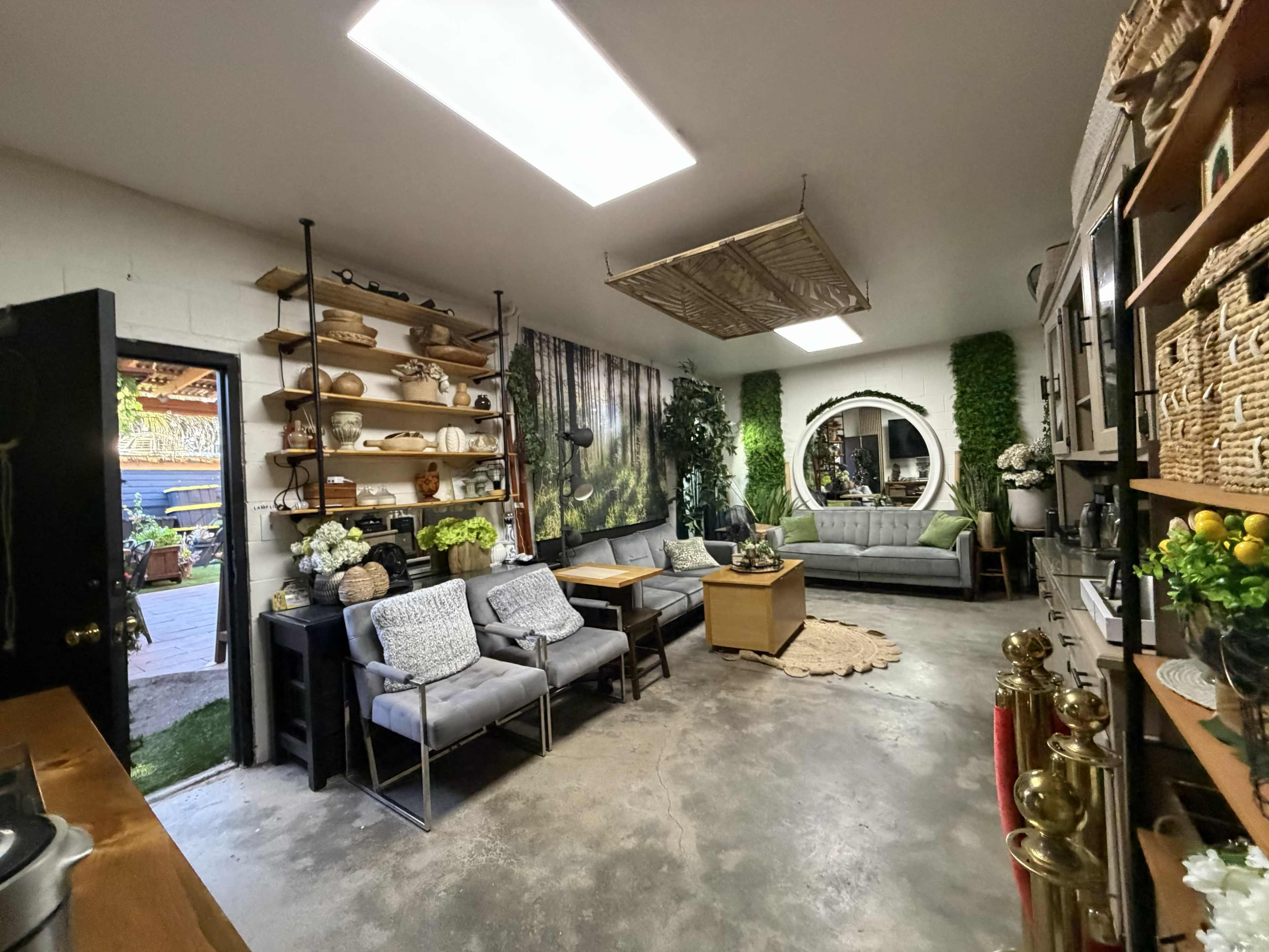 The image shows a cozy, well-decorated room with modern furniture, shelving displaying decorative items, and large plants.