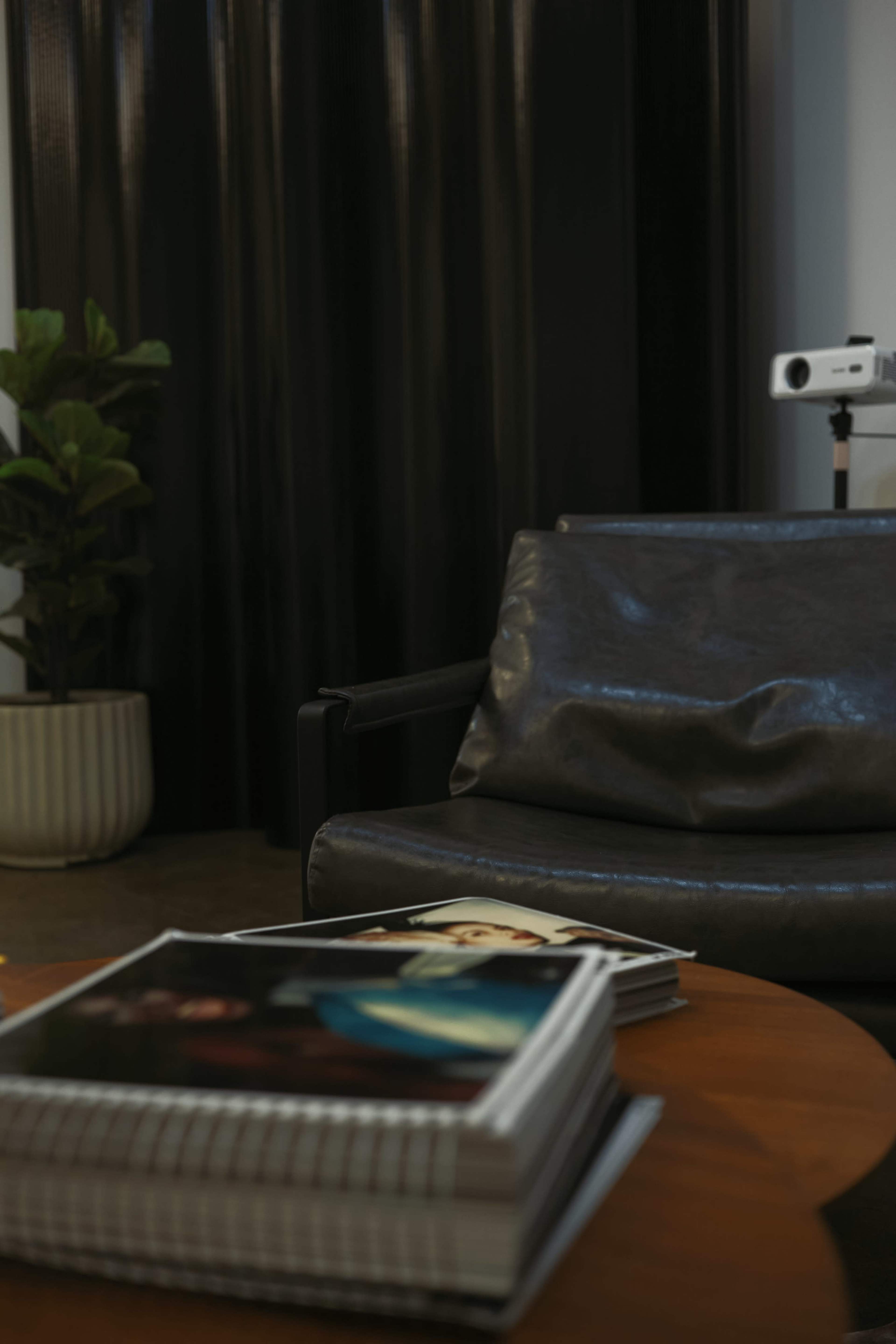 The image shows a modern living area with a dark leather armchair, a wooden coffee table stacked with magazines, and a potted plant next to a projector on the wall.