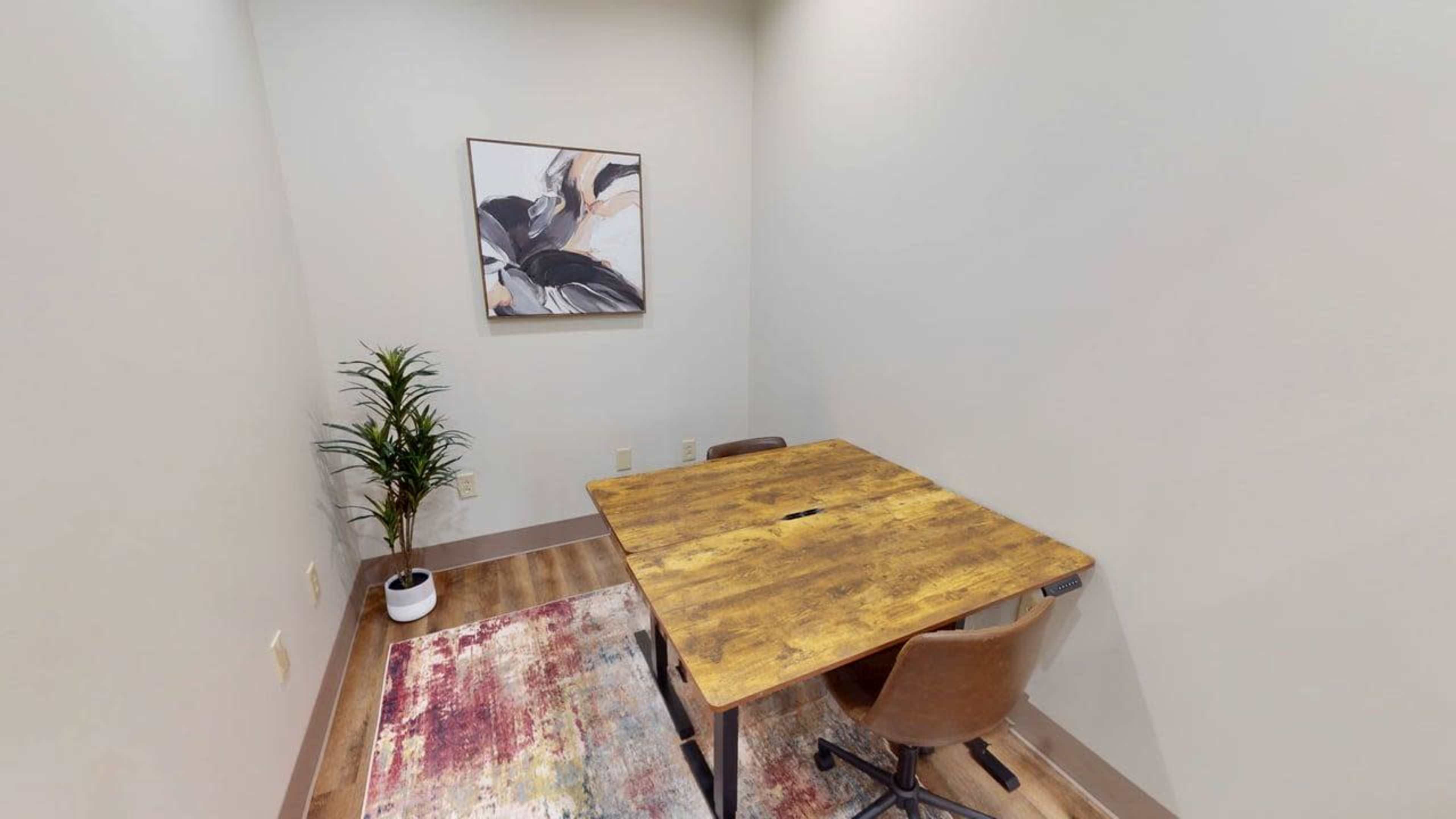 The image shows a small office space featuring a wooden table, two chairs, a decorative rug, and a potted plant.