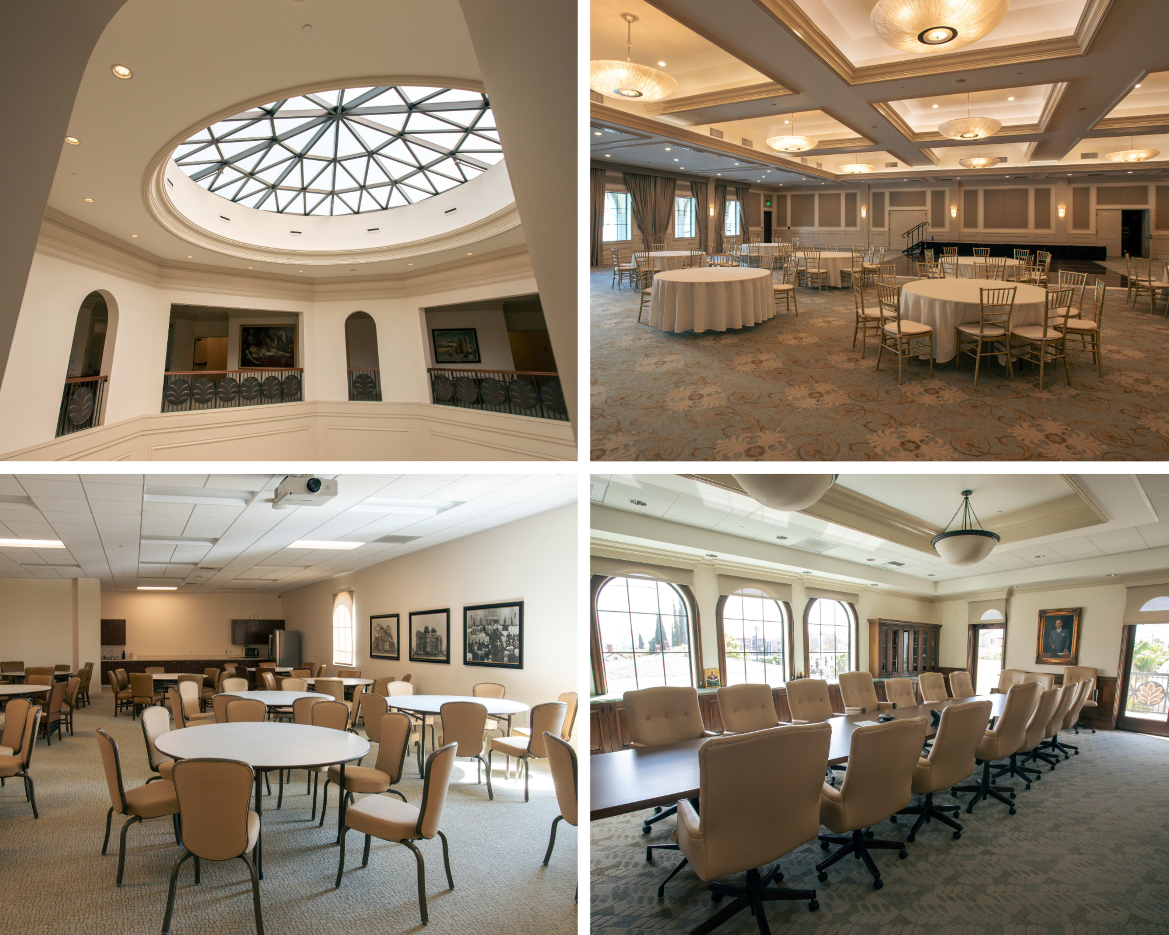 The image features four different views of a venue, showcasing meeting and event spaces, including a room with round tables, a spacious hall with chandeliers, a conference room with a projector, and a dining area with large windows.