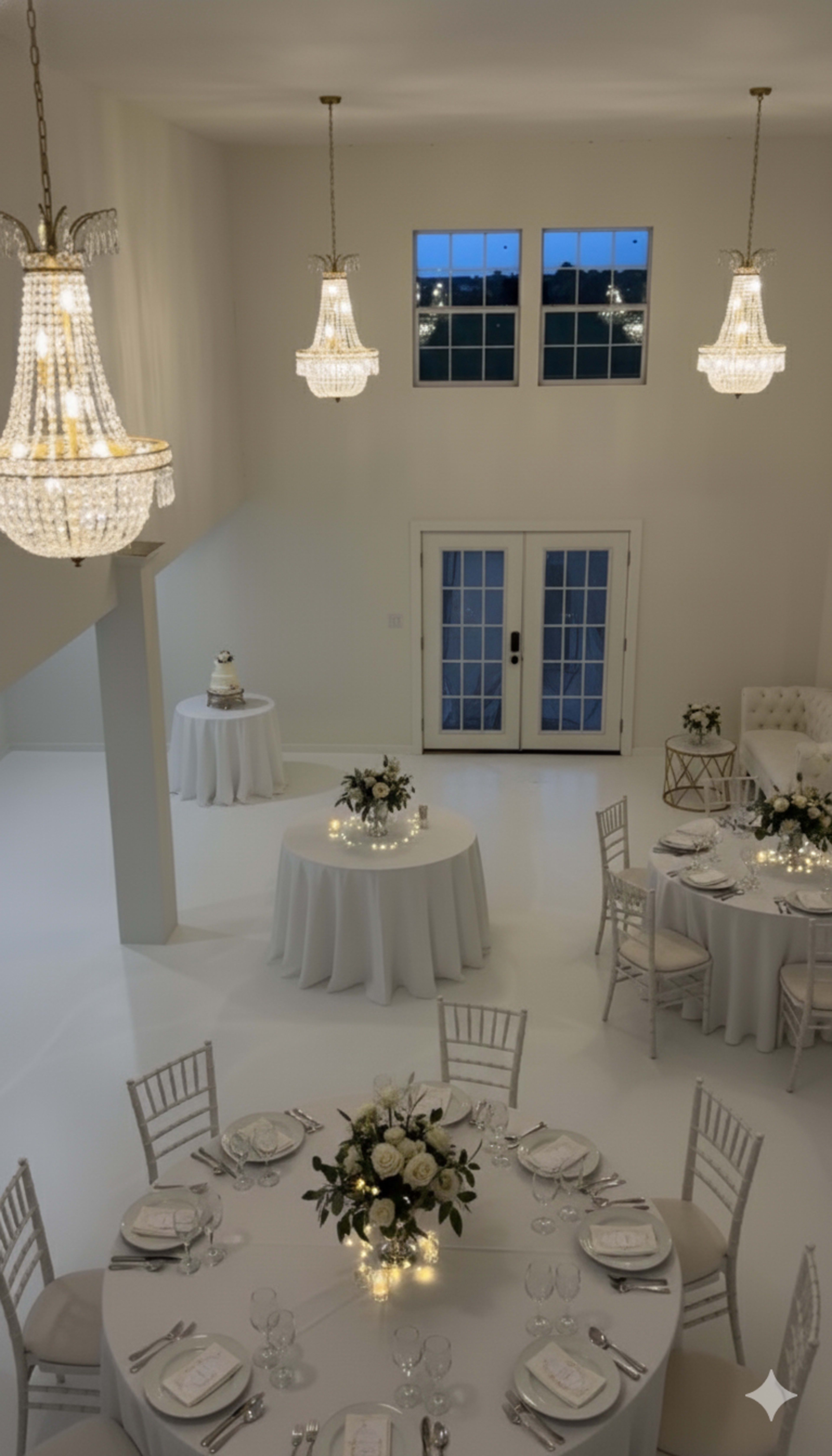 The image depicts an elegantly decorated reception venue with round tables set with white tablecloths and floral centerpieces, illuminated by large crystal chandeliers.
