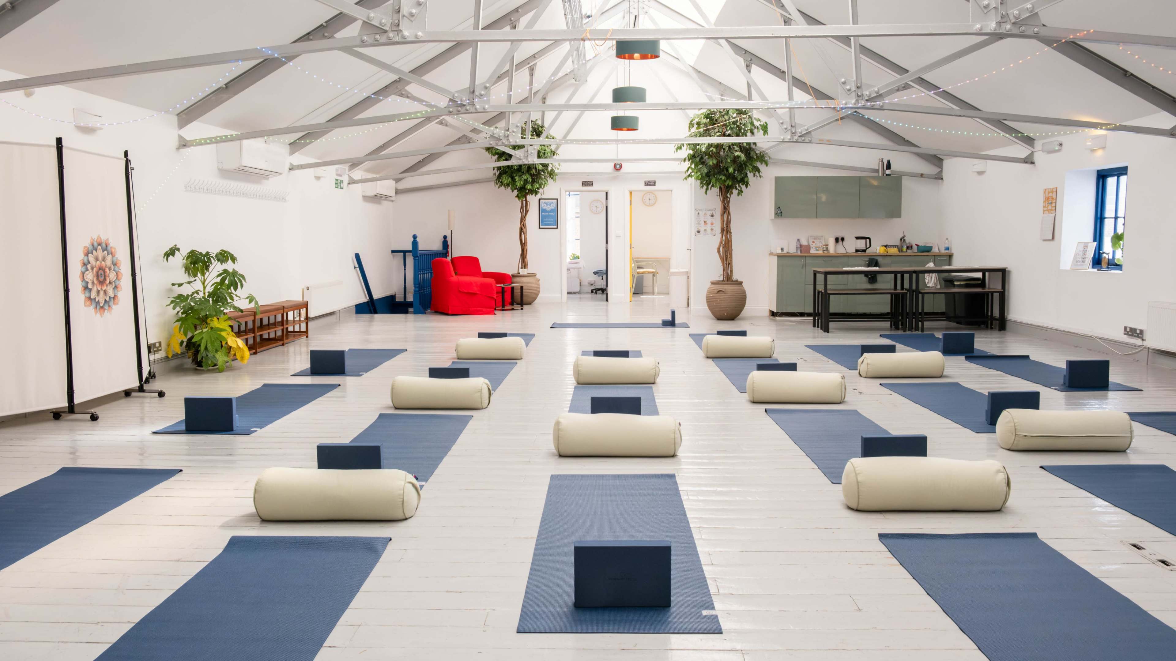 The image shows a spacious yoga studio with several blue mats, bolsters, and a minimalist setting complete with plants and a small kitchenette.