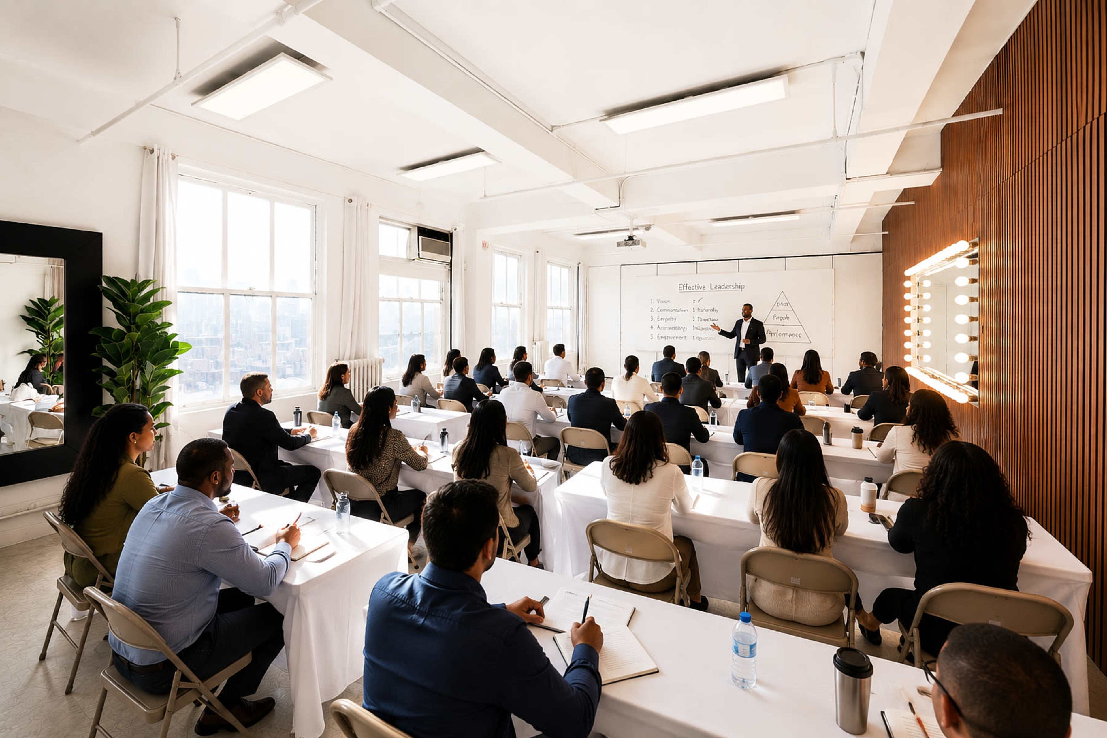 A classroom filled with numerous participants seated at tables, attentively watching a presenter giving a lecture in front of a whiteboard.