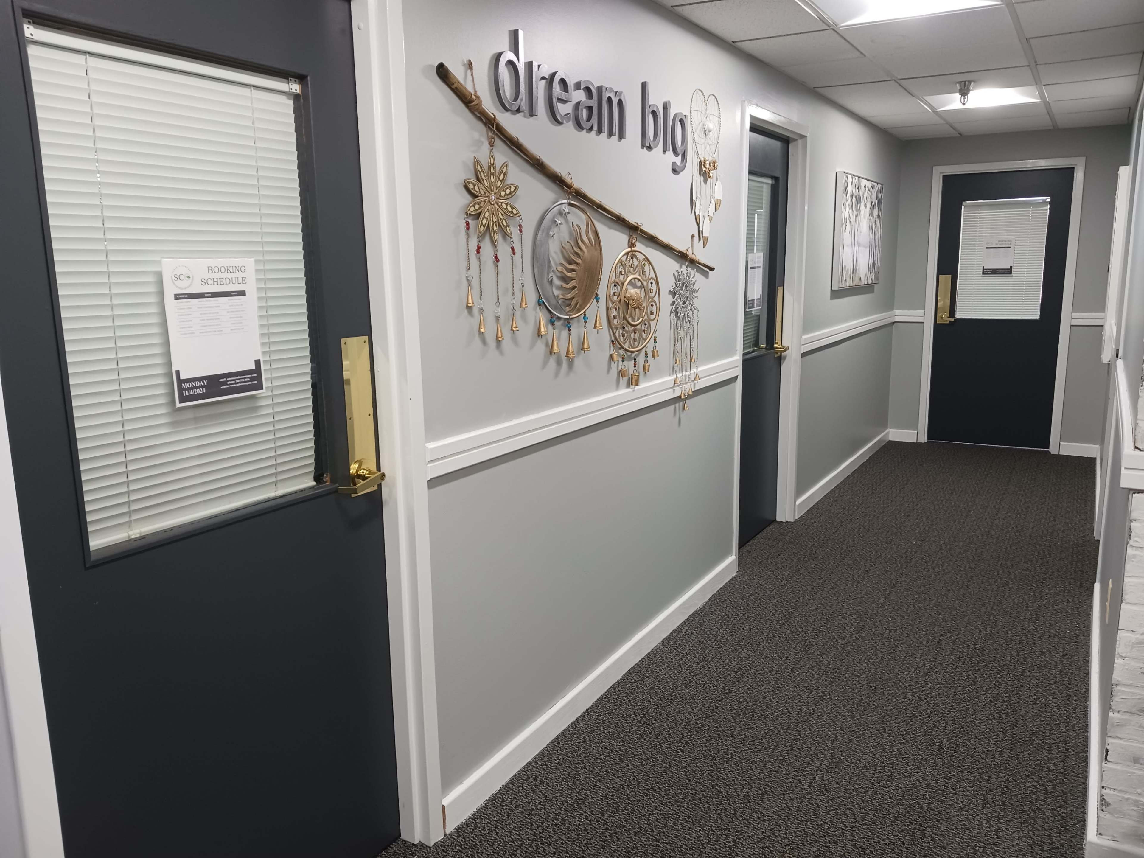 The image shows a hallway with a decorative wall featuring the words "dream blog," flanked by two closed doors and information sheets attached to the glass door on the left.