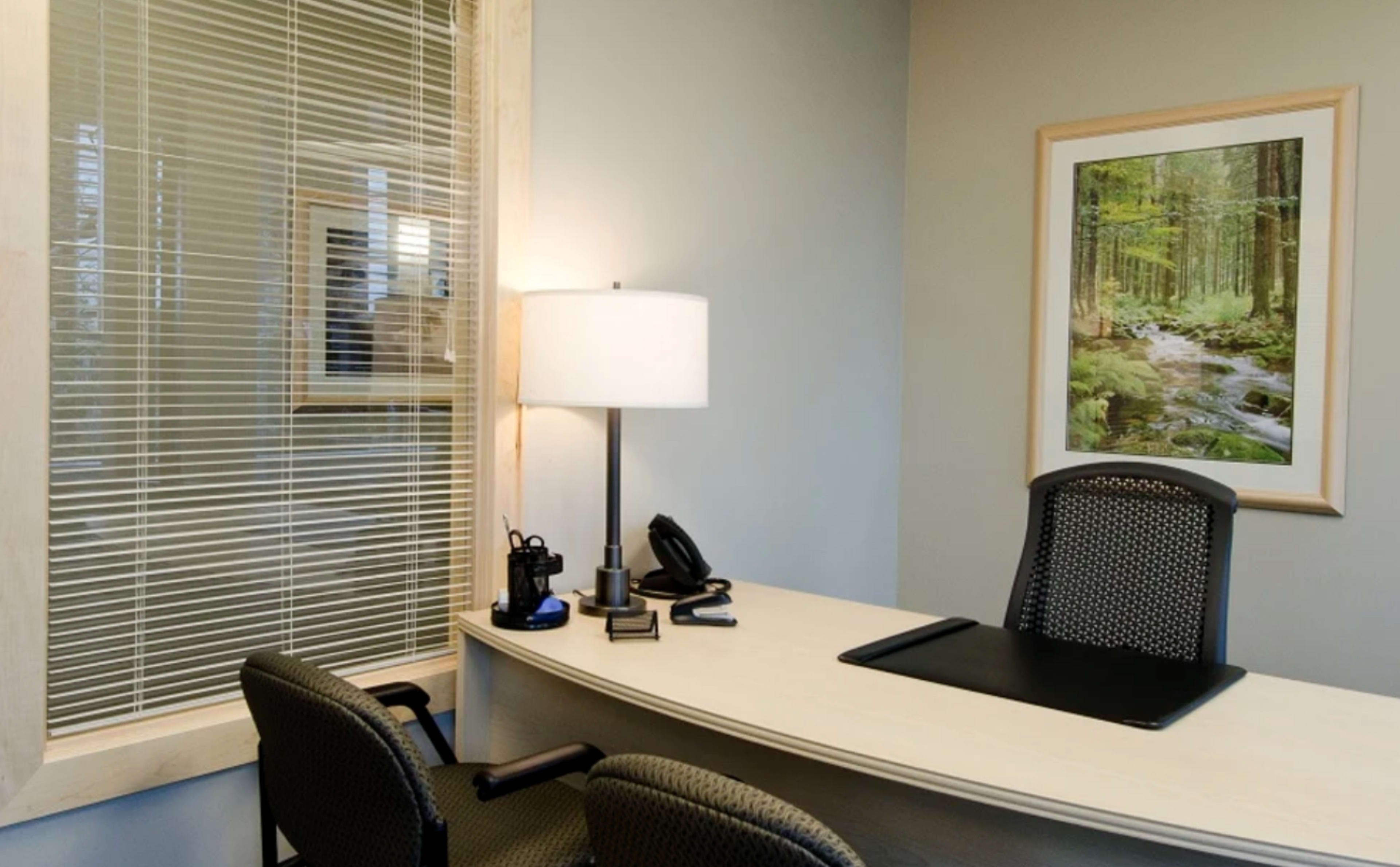 A small office space with a light-colored desk, two chairs, a lamp, a phone, and a framed nature picture on the wall.