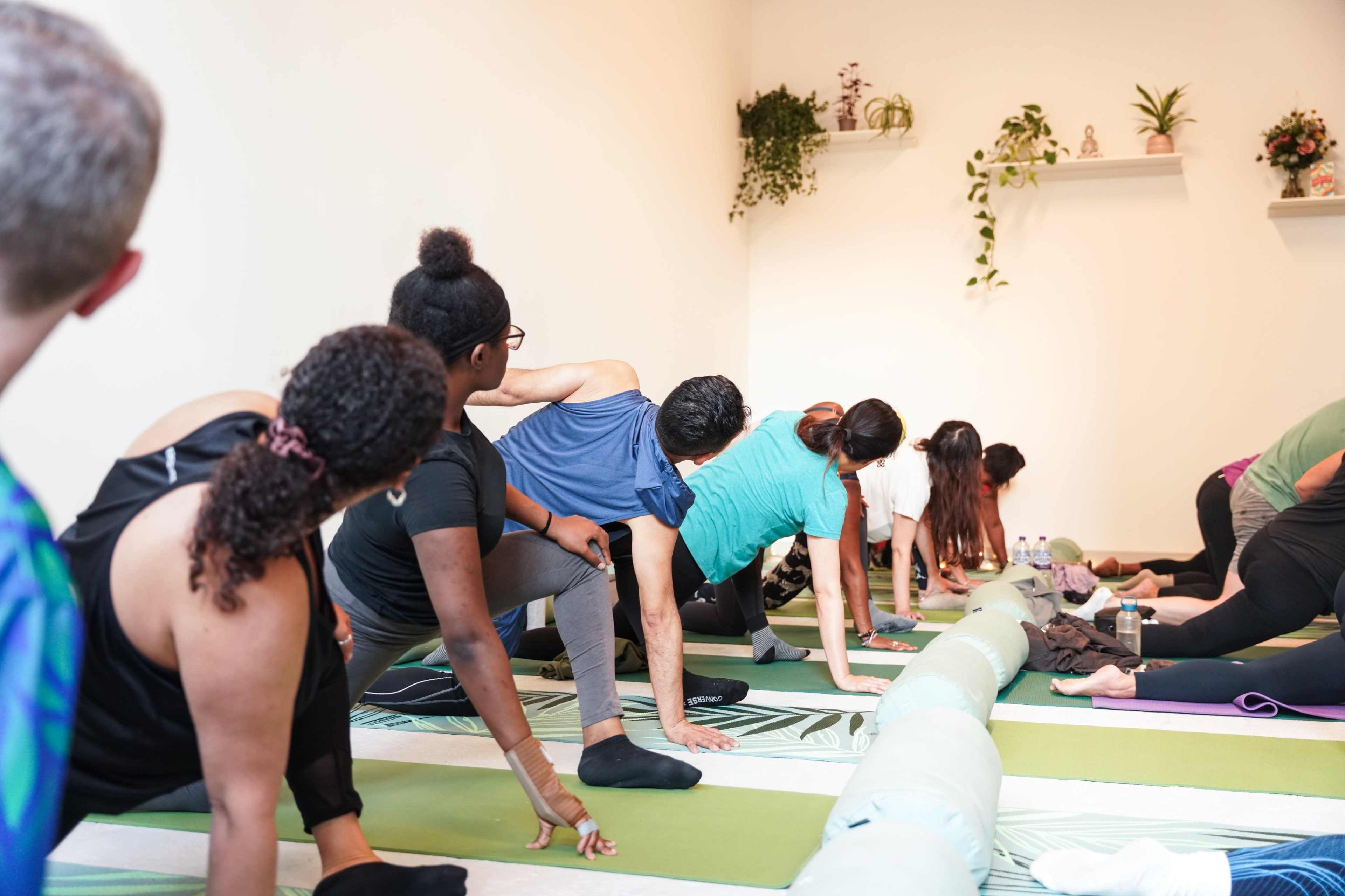 A group of people in a yoga class is practicing a stretching pose on green mats in a bright room decorated with plants and shelves.