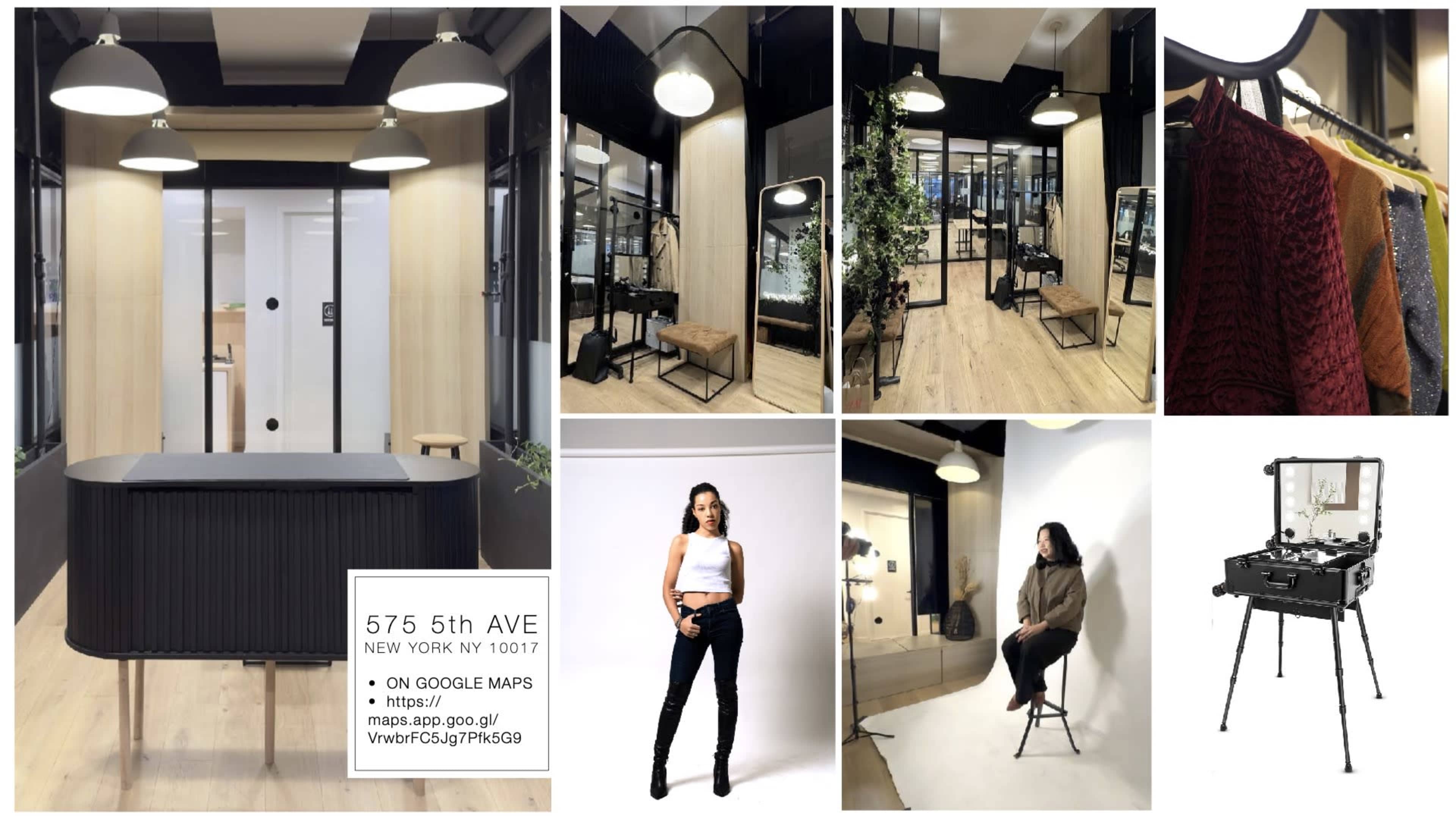 A modern workspace with an open layout, featuring a reception area, private meeting rooms, and stylish decor, along with a display of clothing and photography equipment.