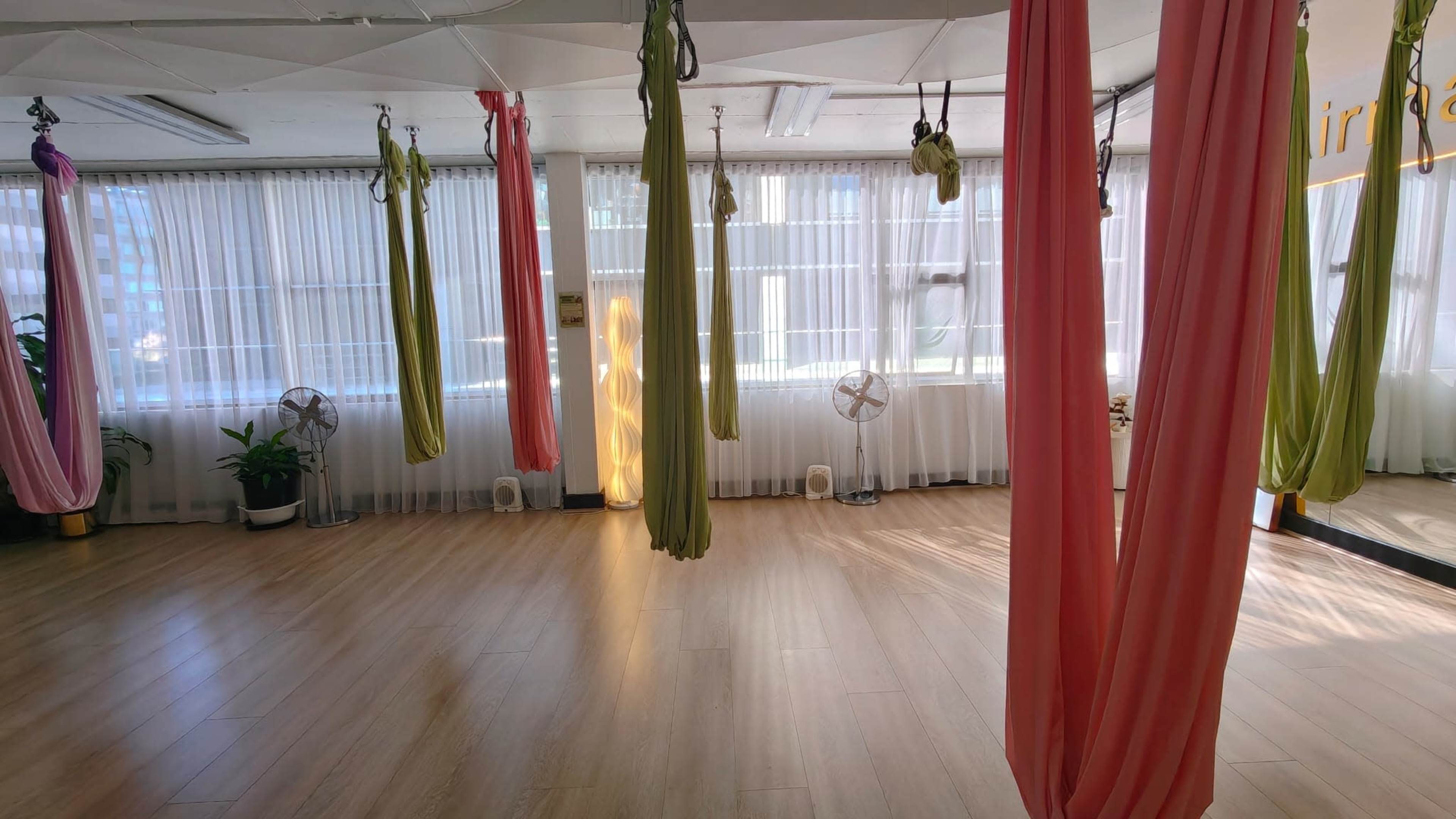 The image shows a spacious room with hanging fabric slings in various colors, large windows with sheer curtains, and a light wooden floor.