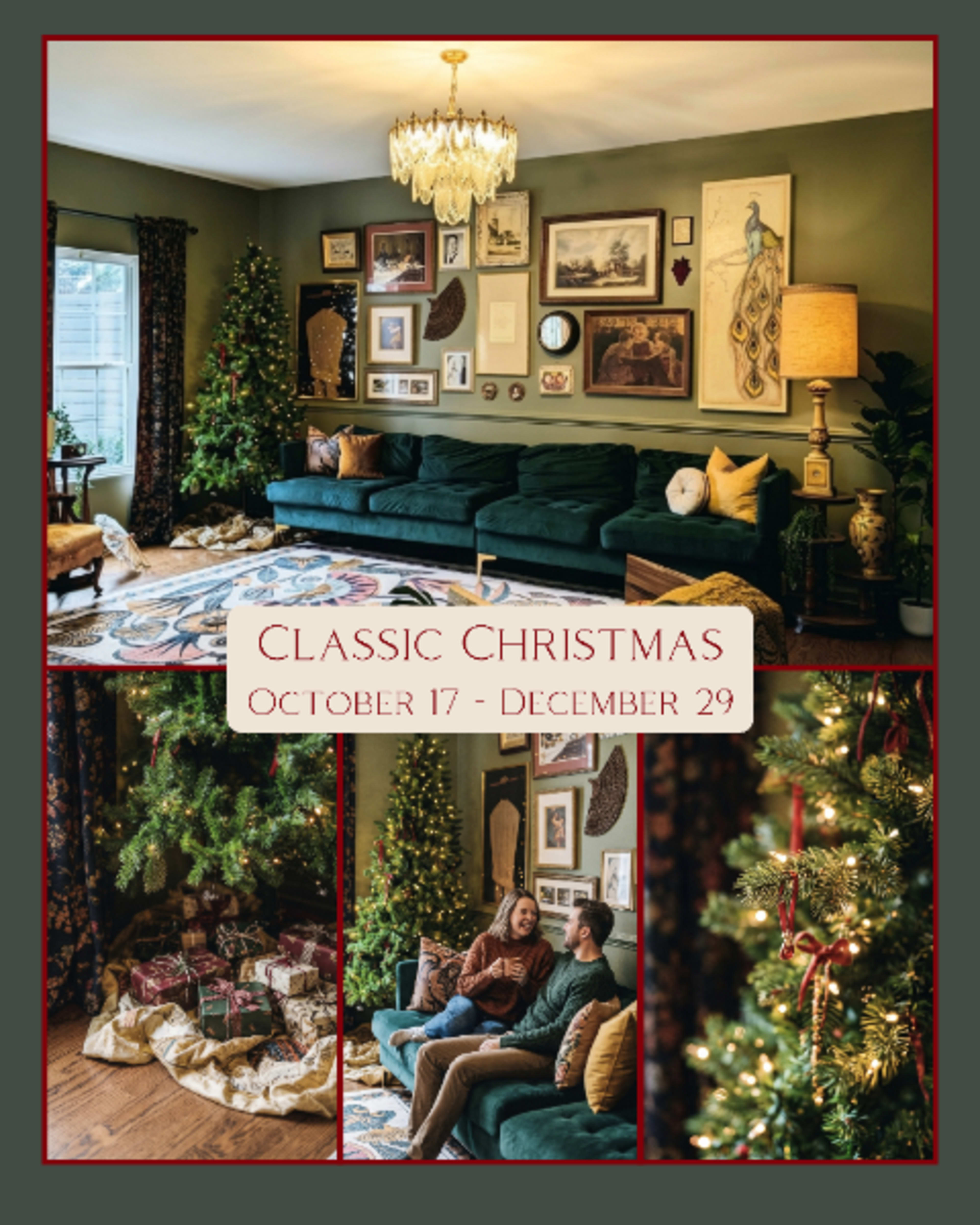 A cozy living room is decorated for Christmas, featuring a green sofa, a large area rug, and adorned Christmas trees with presents beneath them.