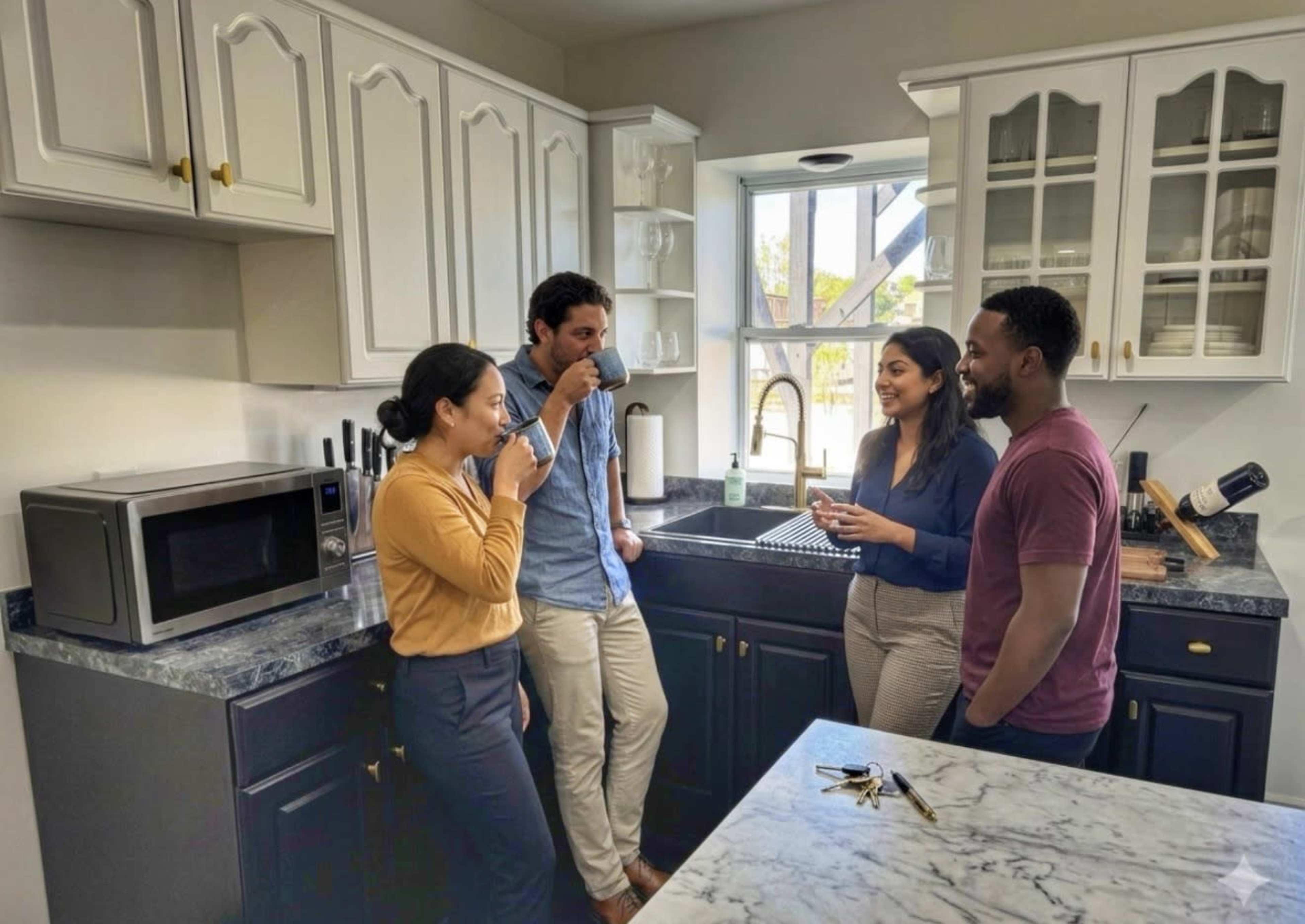 Four people are talking and enjoying drinks in a modern kitchen with dark cabinets and a marble countertop.