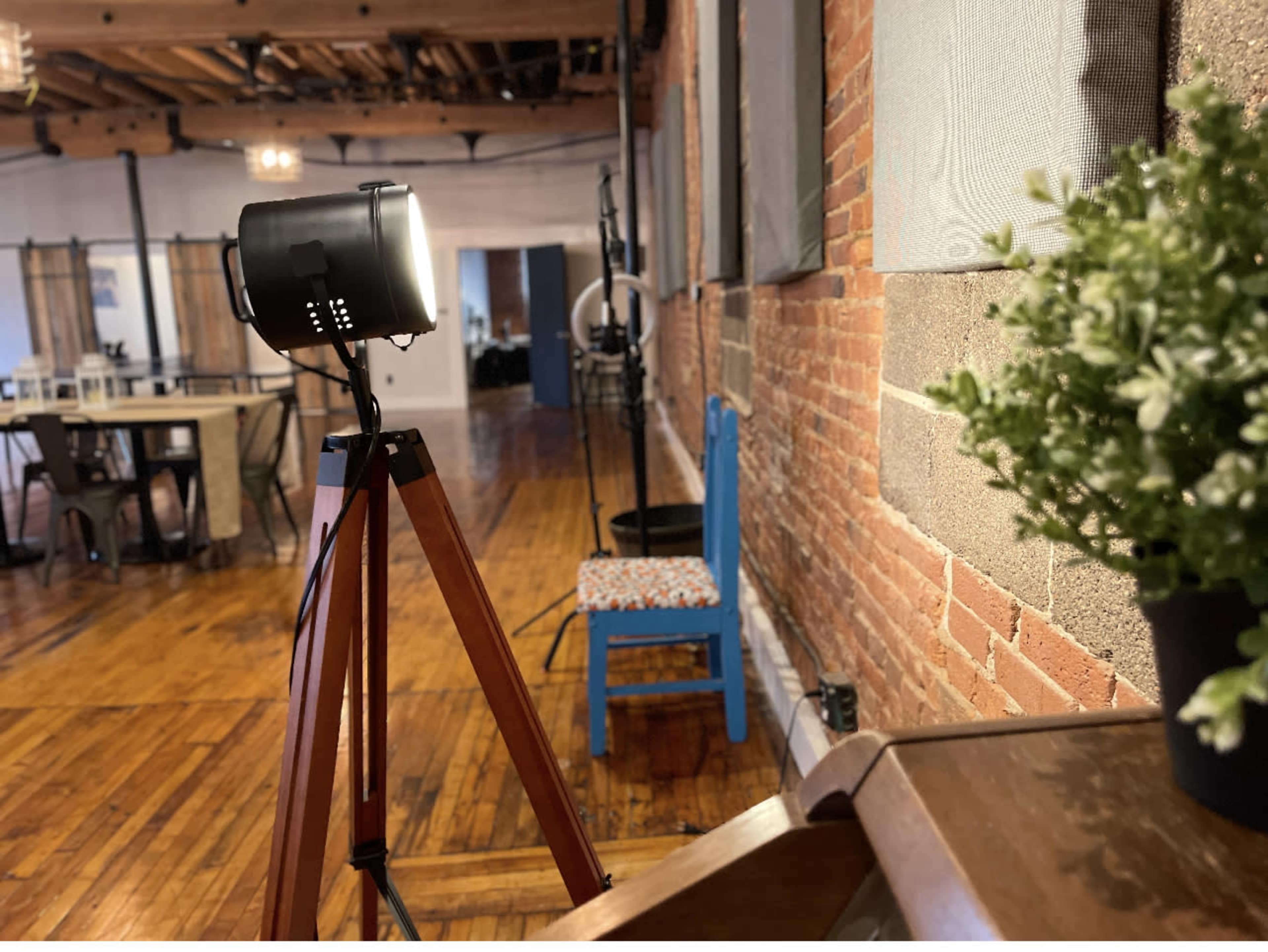 A studio space features a spotlight on a wooden tripod and a potted plant, with exposed brick walls and wooden flooring in the background.