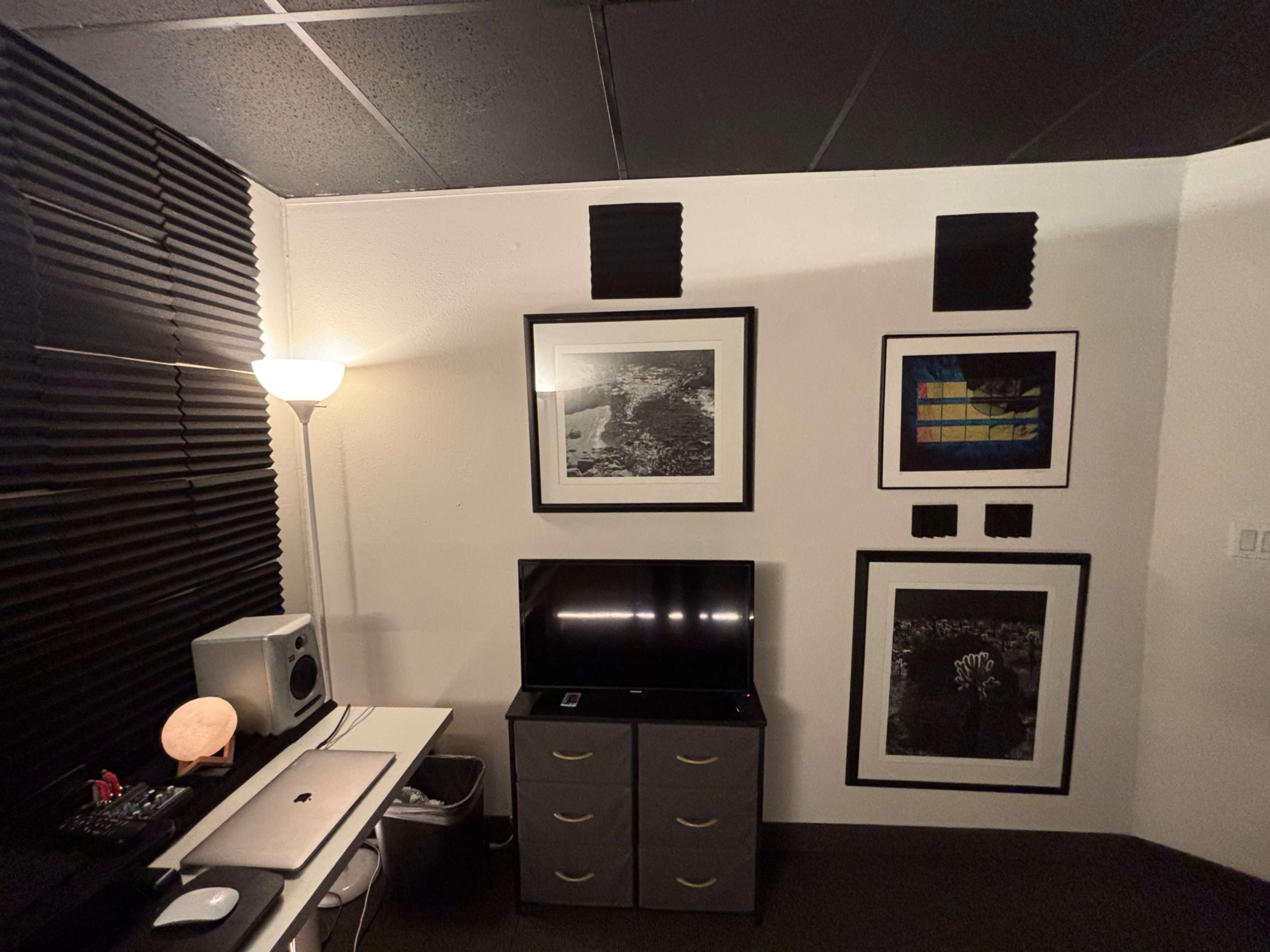 The image shows a room with black acoustic paneling on the walls, a television and dresser against one wall, and framed black-and-white photographs and a colorful art piece hanging above.