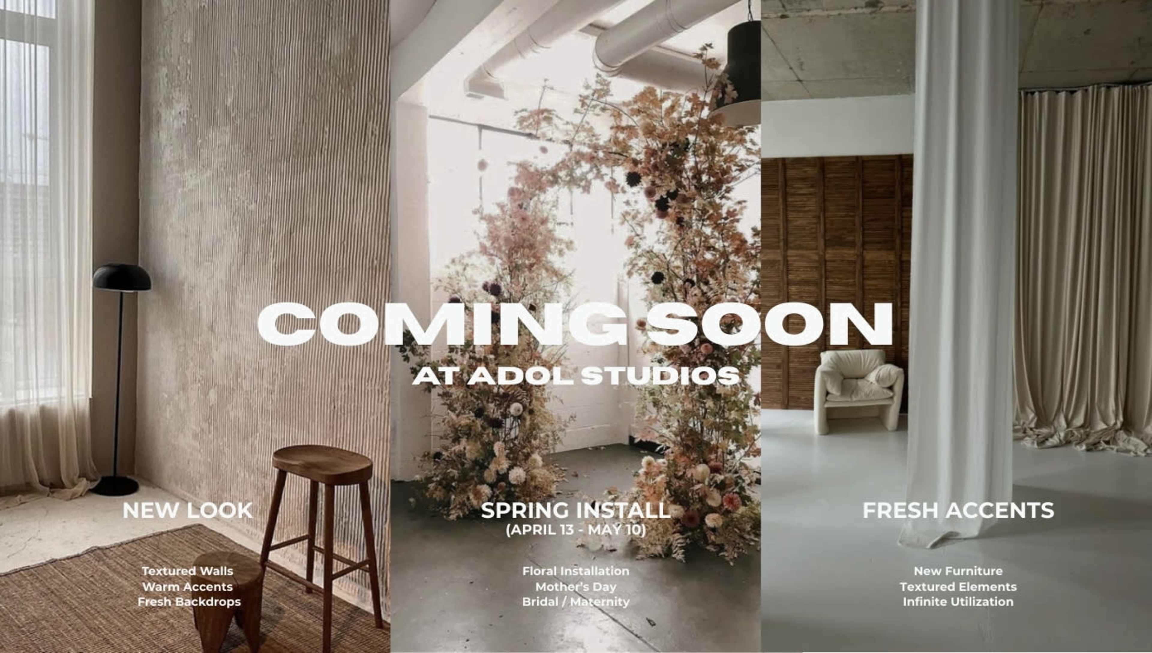 The image features a promotional banner for Adol Studios, highlighting a new look, a spring installation for events like Mother's Day, and fresh accents including new furniture.