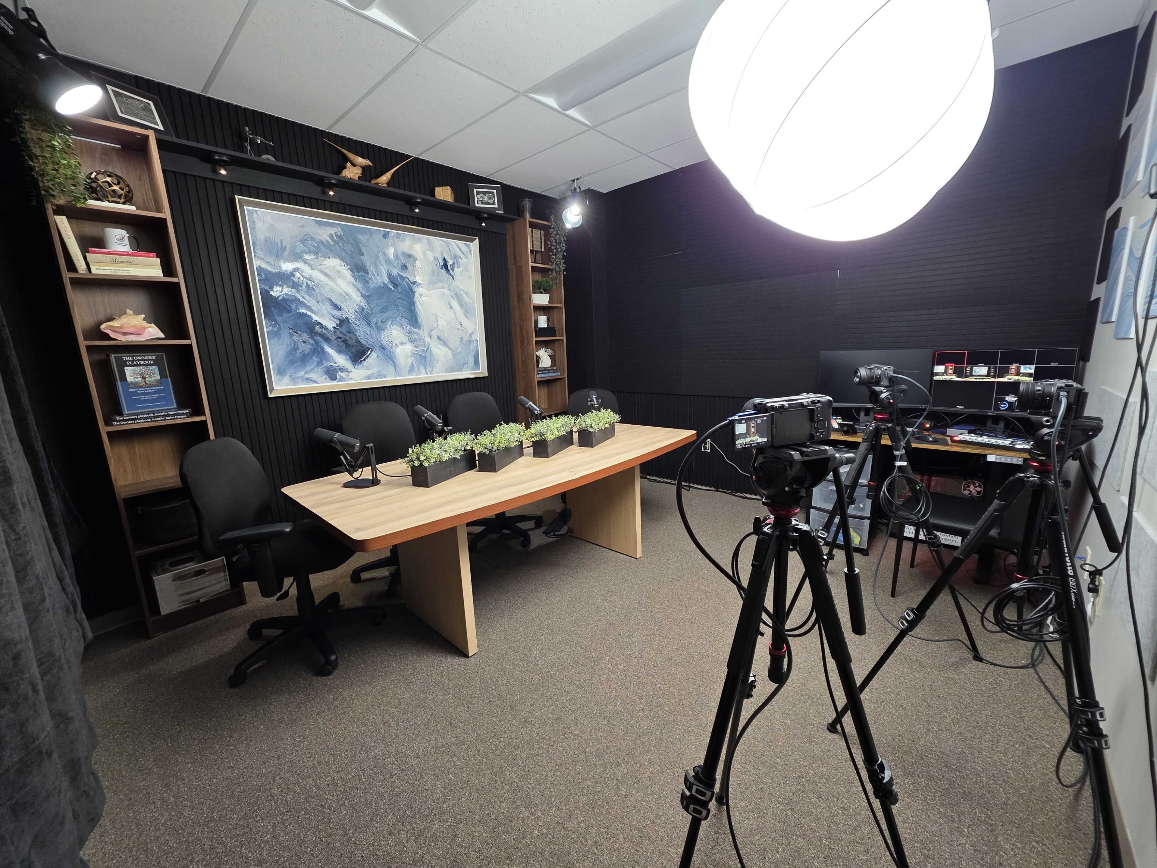 The image shows a well-lit room set up for a video recording, featuring a large table with potted plants, several cameras on tripods, and a painting on the wall.