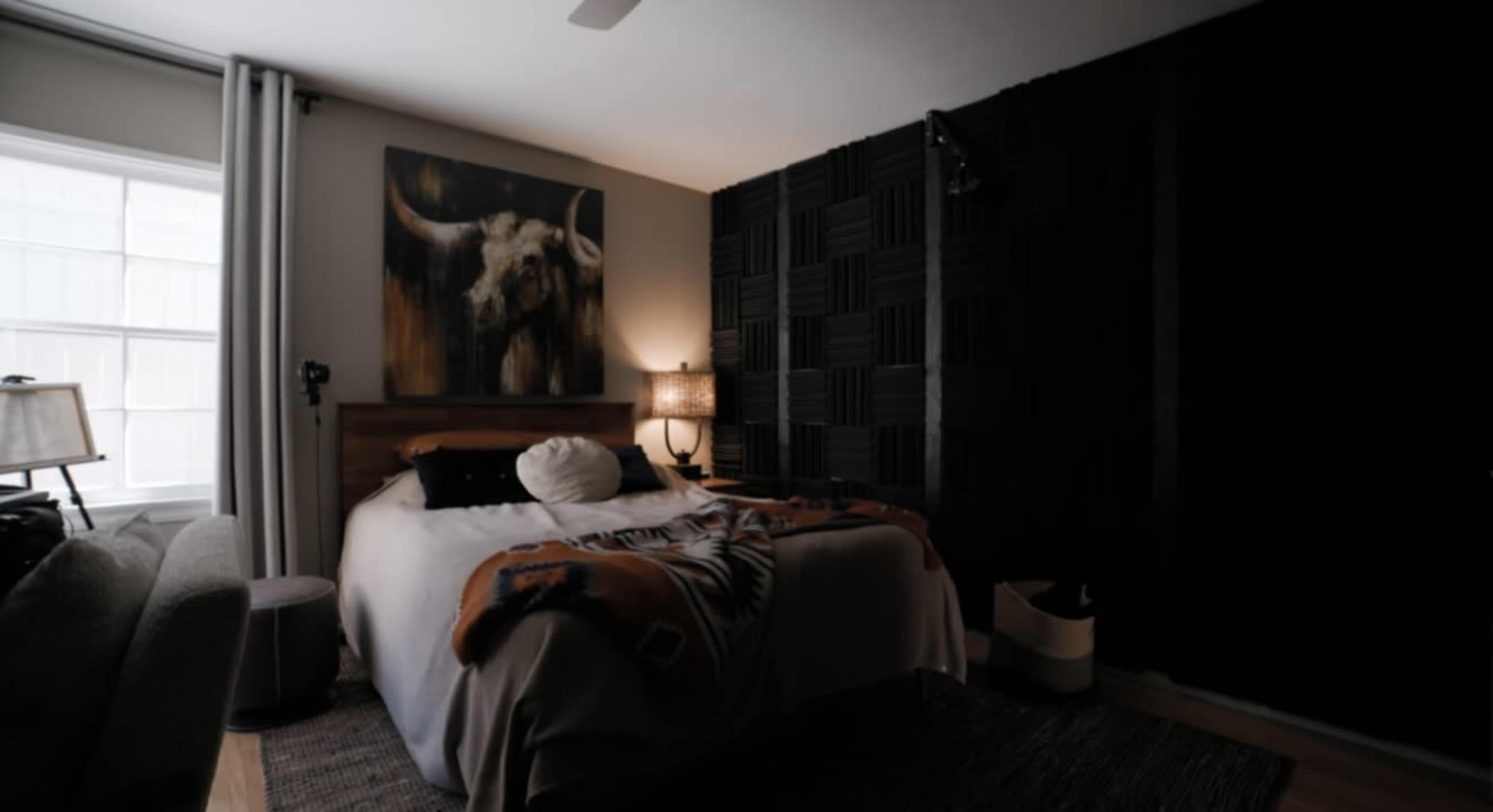 The image depicts a dimly lit bedroom featuring a bed adorned with a blanket, a large artwork of a bull above the headboard, and acoustic paneling on one wall.