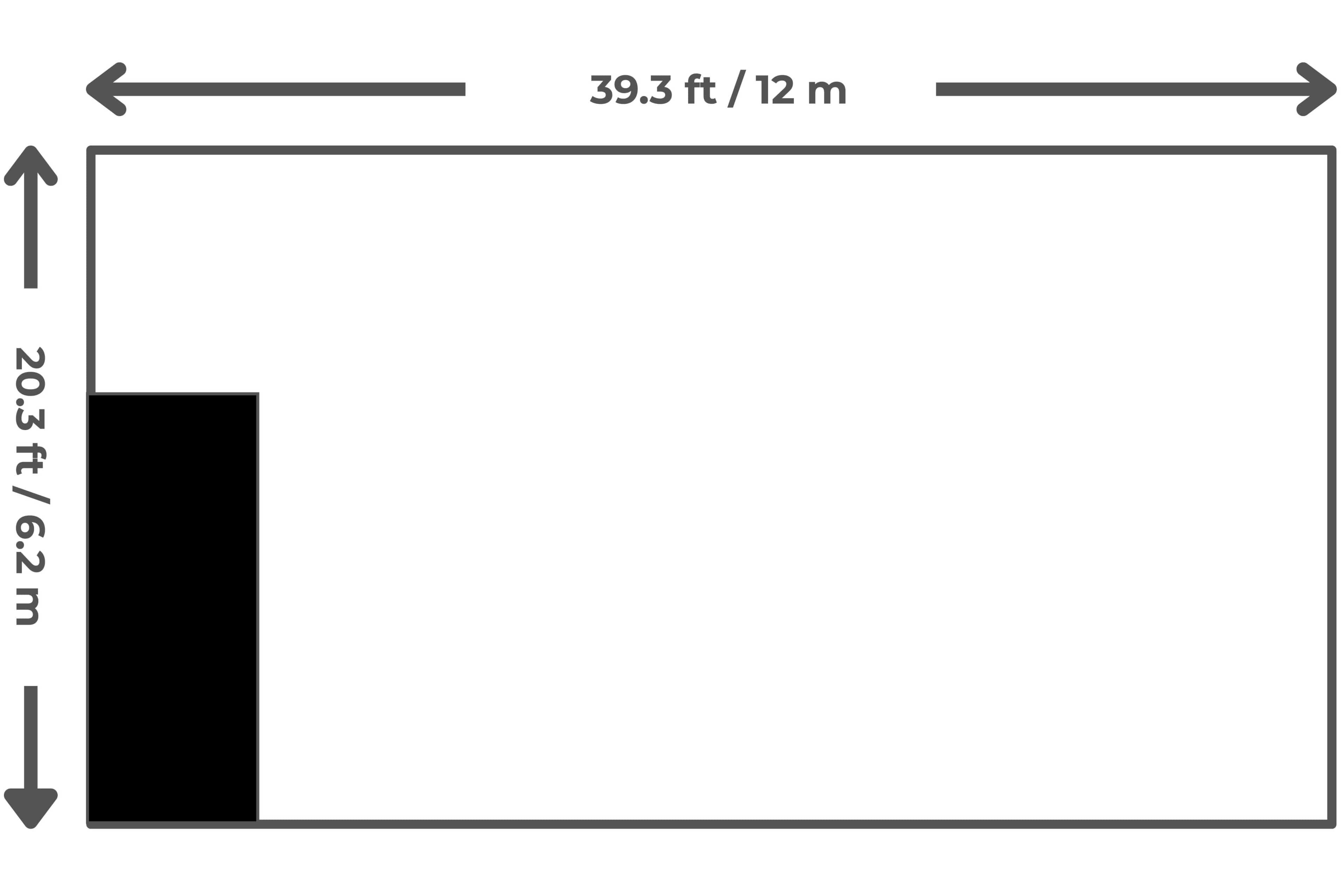 The image displays a rectangular area measuring 39.3 feet by 20.3 feet, with a black section extending down from the top left.