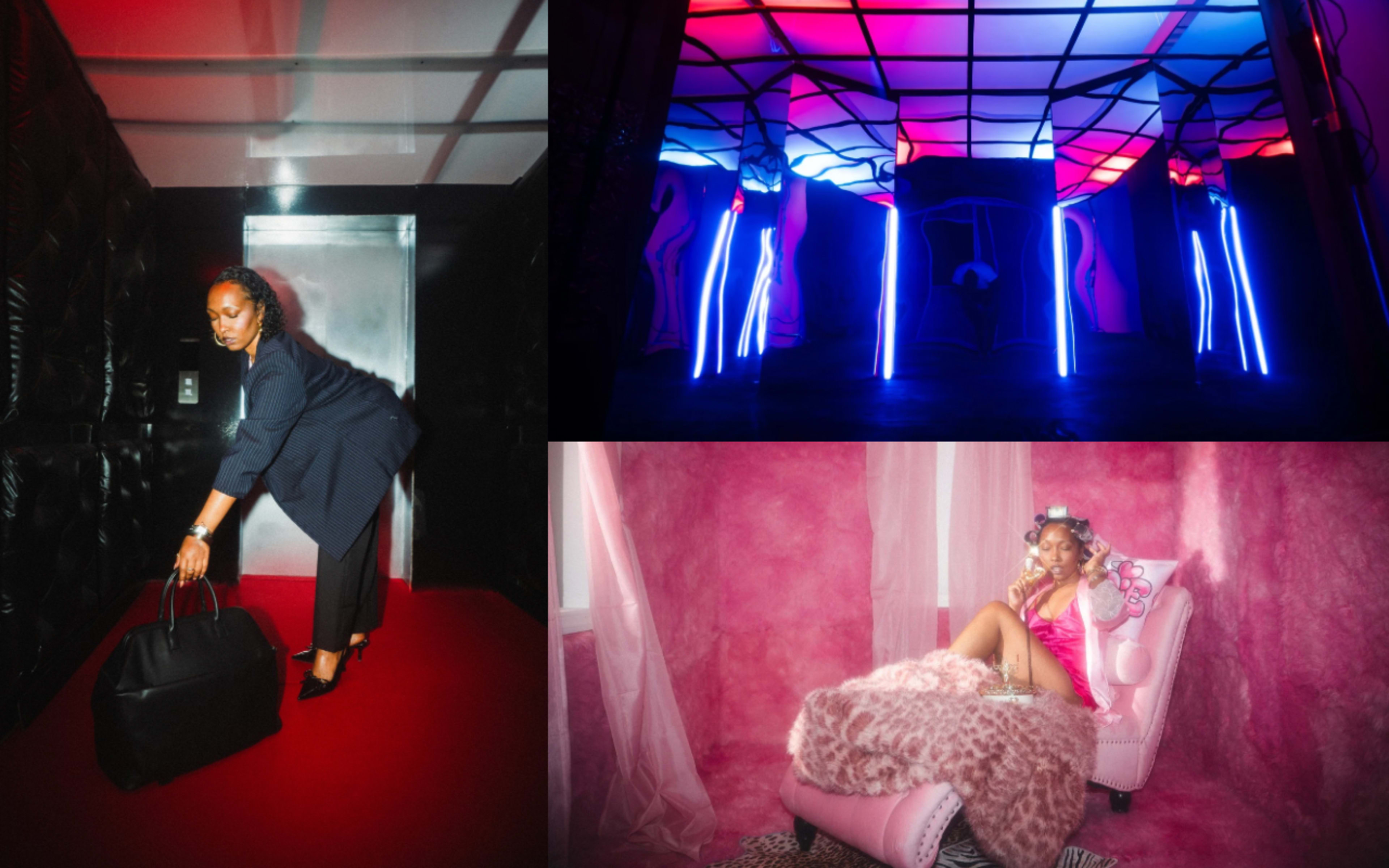The image features three distinct scenes: a woman in formal attire enters a dark hallway, a brightly lit space with neon lights and geometric shapes, and a woman lounging on a pink chair surrounded by pink decor.