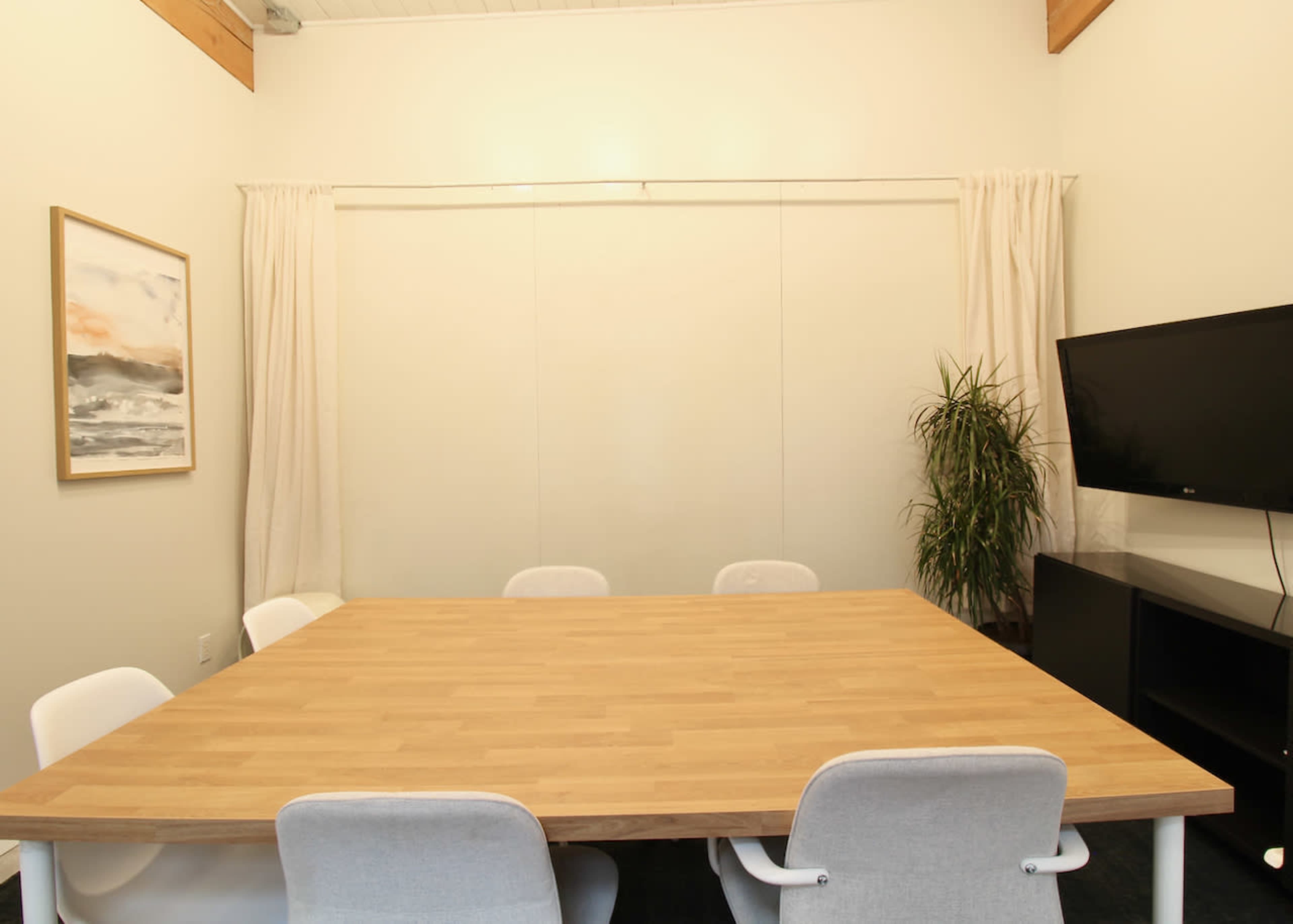 The image shows a simple conference room with a large wooden table surrounded by white chairs, featuring a plant in one corner and a television mounted on the wall.